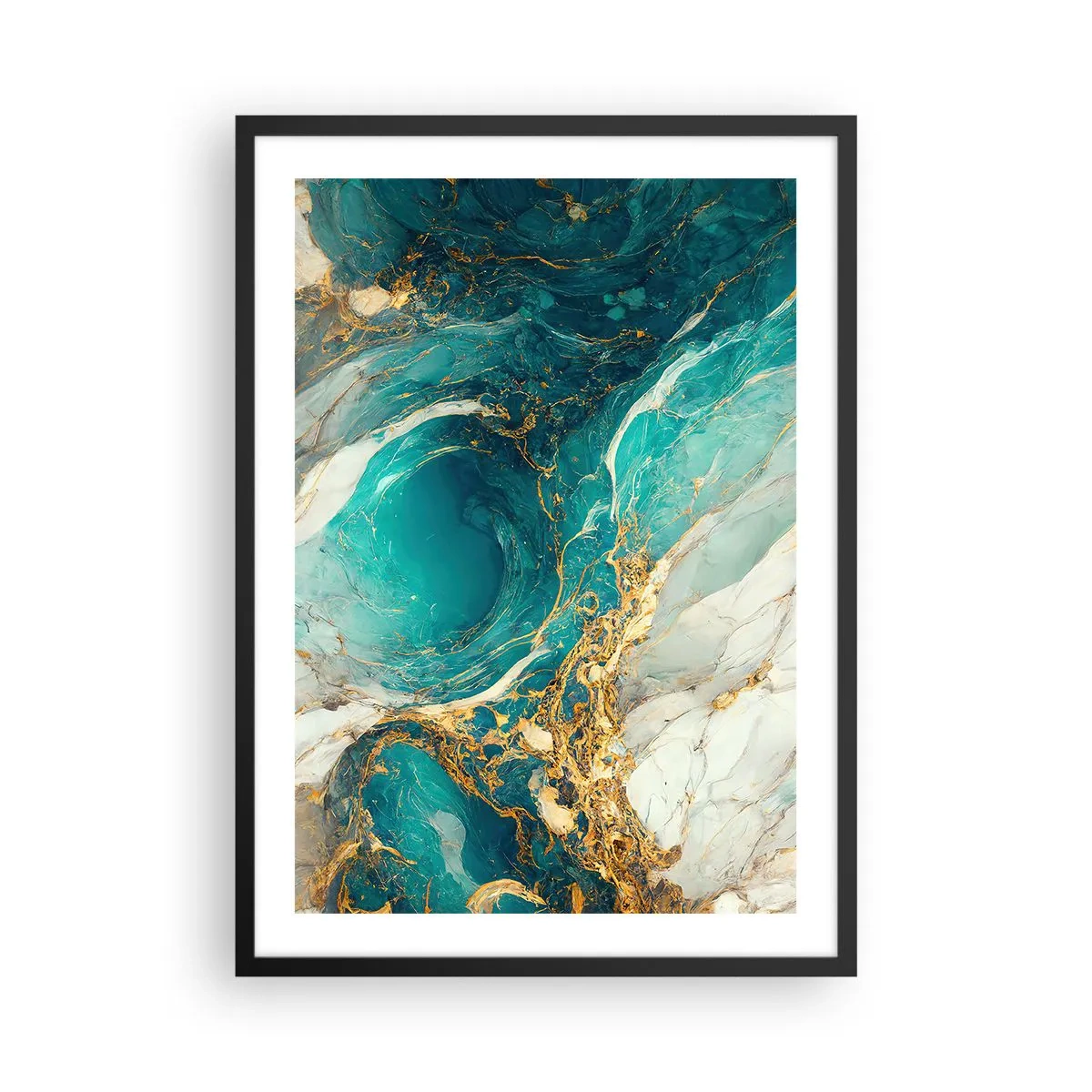 Poster in black frame - Turquoise abstraction with gold accents - 50x70cm - Composition with Veins of Gold - Modern wall decoration for the living room and bedroom ARTTOR
