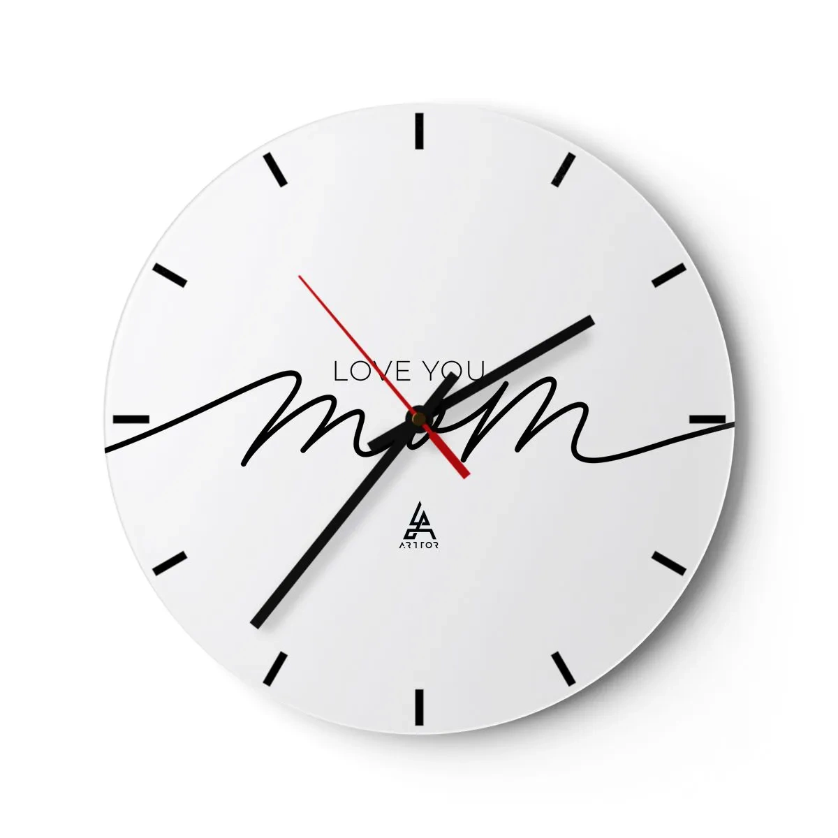 Wall clock - Clock on glass - The inscription Love You Mom on a white background in an elegant style - 30x30cm - Great Emotion - Modern wall decoration for the living room, kitchen, and bedroom ARTTOR