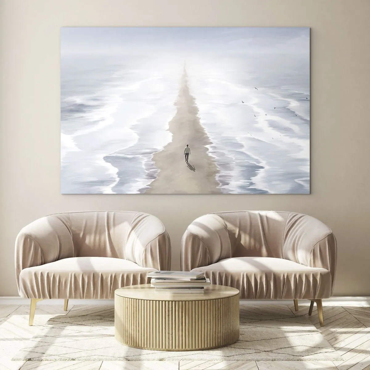 Glass picture - A figure walking alone towards the horizon among the waves - 70x50cm - Bright Future - Modern wall decoration for the living room and bedroom ARTTOR