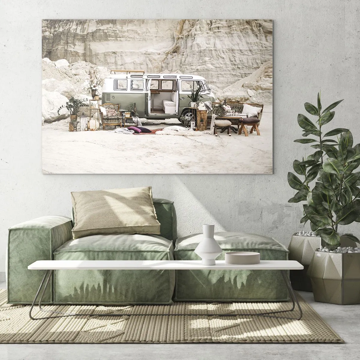 Glass picture - A camper van interior in a desert setting, with boho and nature elements. - 70x50cm - Time to Start the Trip - Modern wall decoration for the living room and bedroom ARTTOR