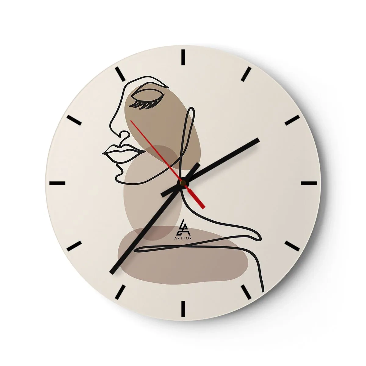 Wall clock - Clock on glass - A minimalist portrait of a woman in line art style and beige spots. - 30x30cm - Certain Line of Beauty - Modern wall decoration for the living room, kitchen, and bedroom ARTTOR