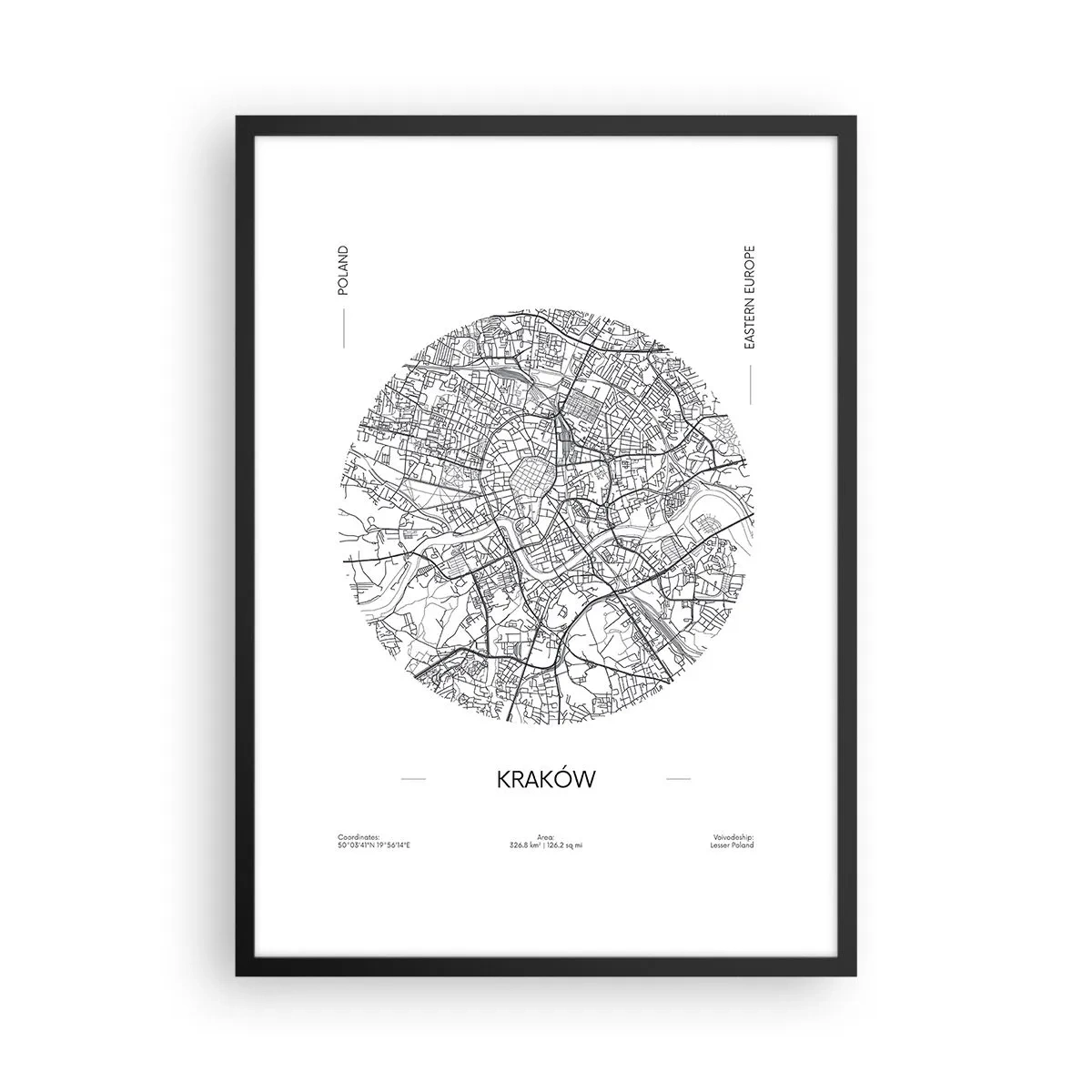 Poster in black frame - A minimalist map of Krakow in a circle - 50x70cm - Anatomy of Crocow - Modern wall decoration for the living room and bedroom ARTTOR
