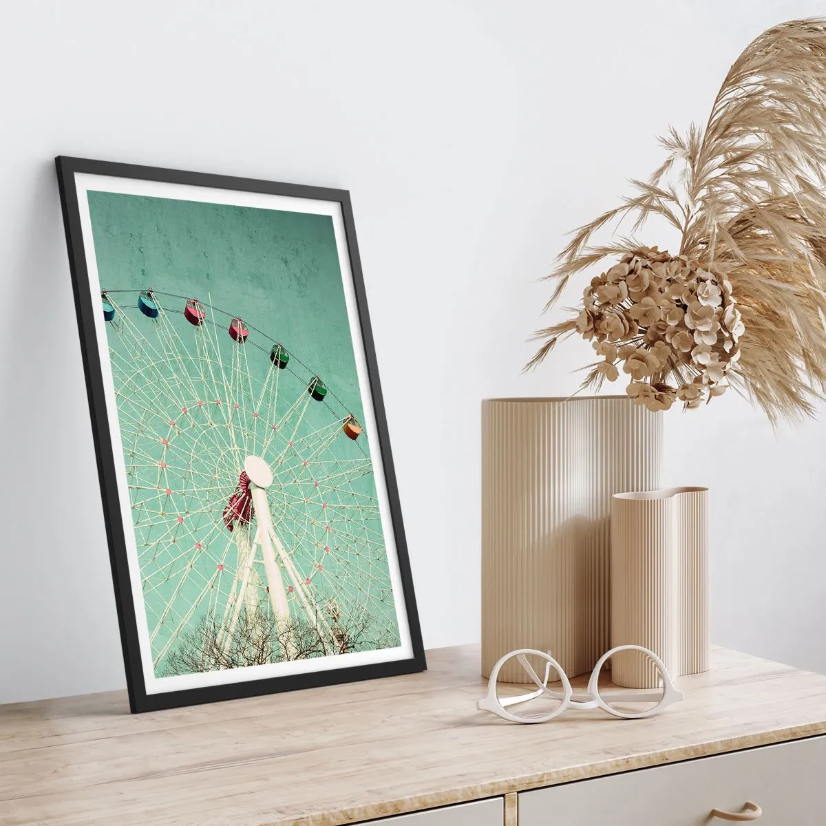 Poster in black frame - A retro Ferris wheel against a mint sky - 50x70cm - Come Have Fun - Modern wall decoration for the living room and bedroom ARTTOR