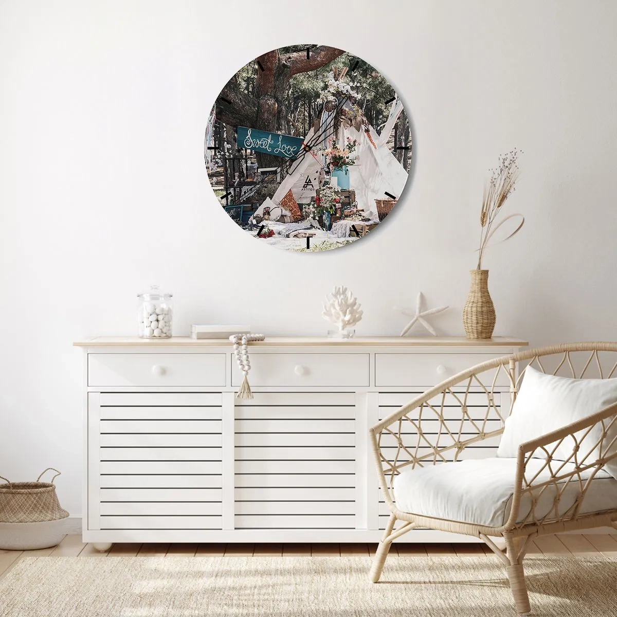 Wall clock - Clock on glass - Romantic wedding decoration in a forest setting - 30x30cm - Make Love… - Modern wall decoration for the living room, kitchen, and bedroom ARTTOR