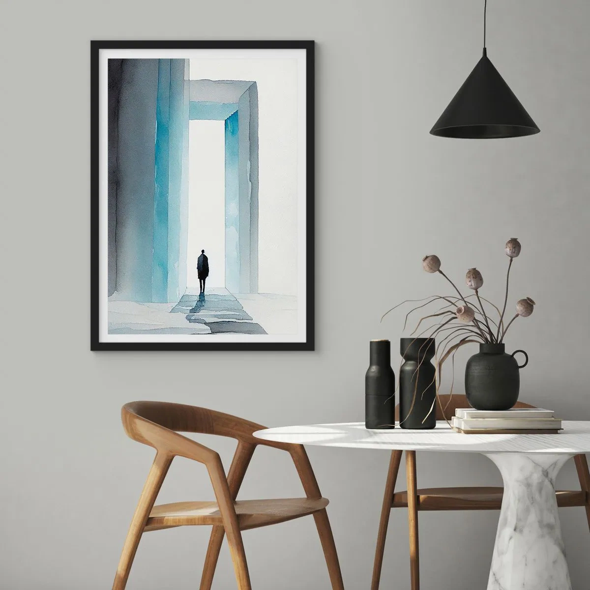 Poster in black frame - A figure walking through a blue gate, symbolizing freedom and limitless possibilities - 50x70cm - Live Without Limitations - Modern wall decoration for the living room and bedroom ARTTOR