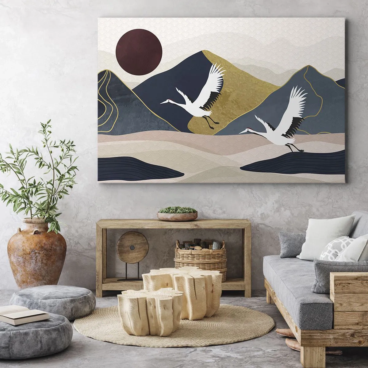 Canvas picture - Cranes in flight against the backdrop of mountains and a red sun - 70x50cm - Another Day Has Flown By - Modern wall decoration for the living room and bedroom ARTTOR