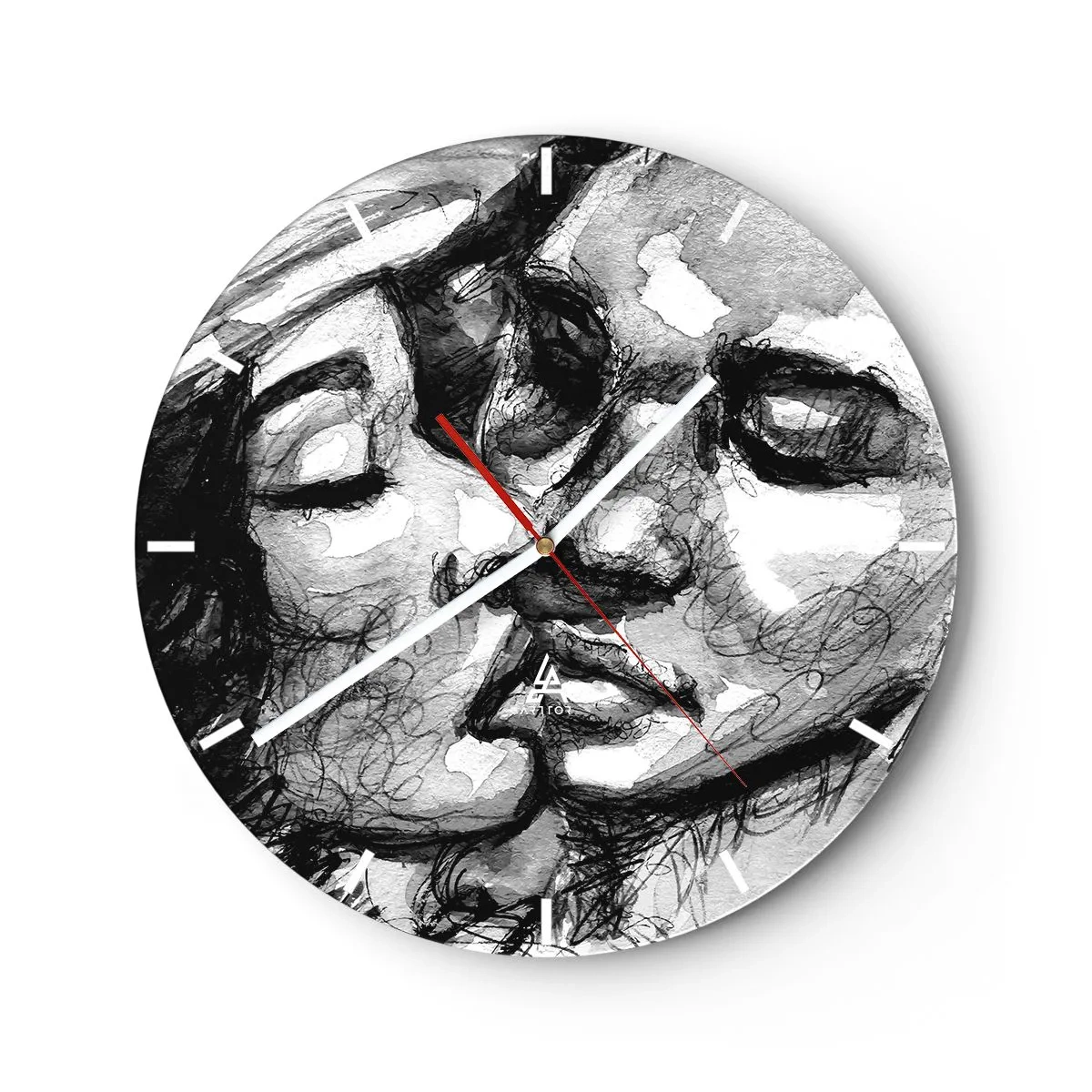 Wall clock - Clock on glass - Black and white sketch of a kissing couple - 30x30cm - Tender Moment - Modern wall decoration for the living room, kitchen, and bedroom ARTTOR