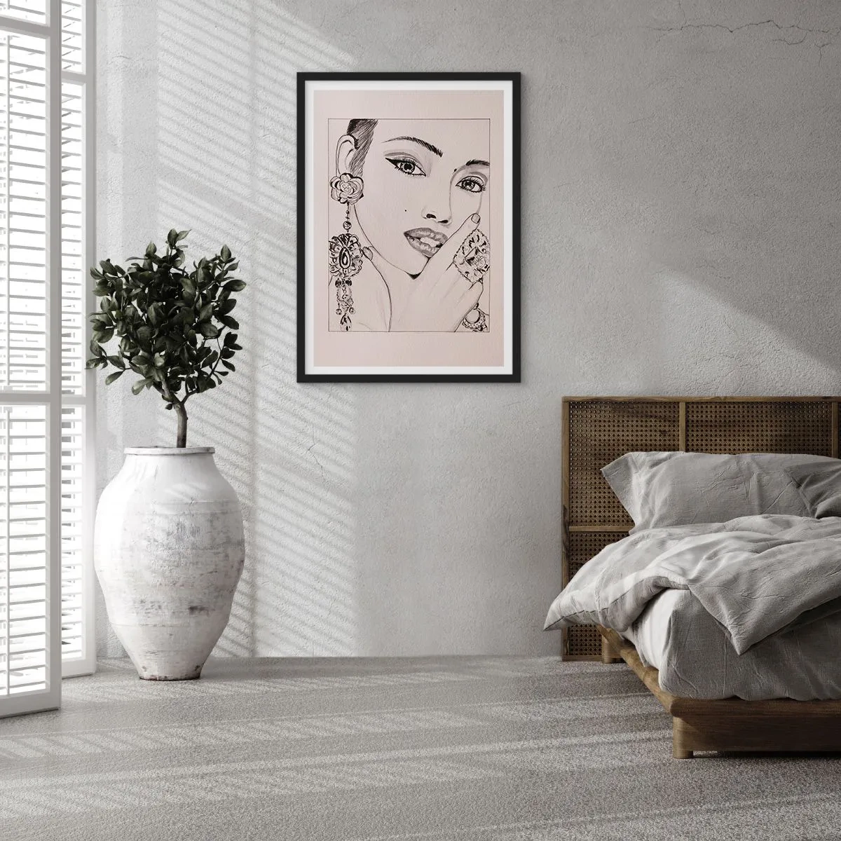 Poster in black frame - Sketch of a woman wearing glamorous jewelry - 50x70cm - Most Beautiful Gem - Modern wall decoration for the living room and bedroom ARTTOR