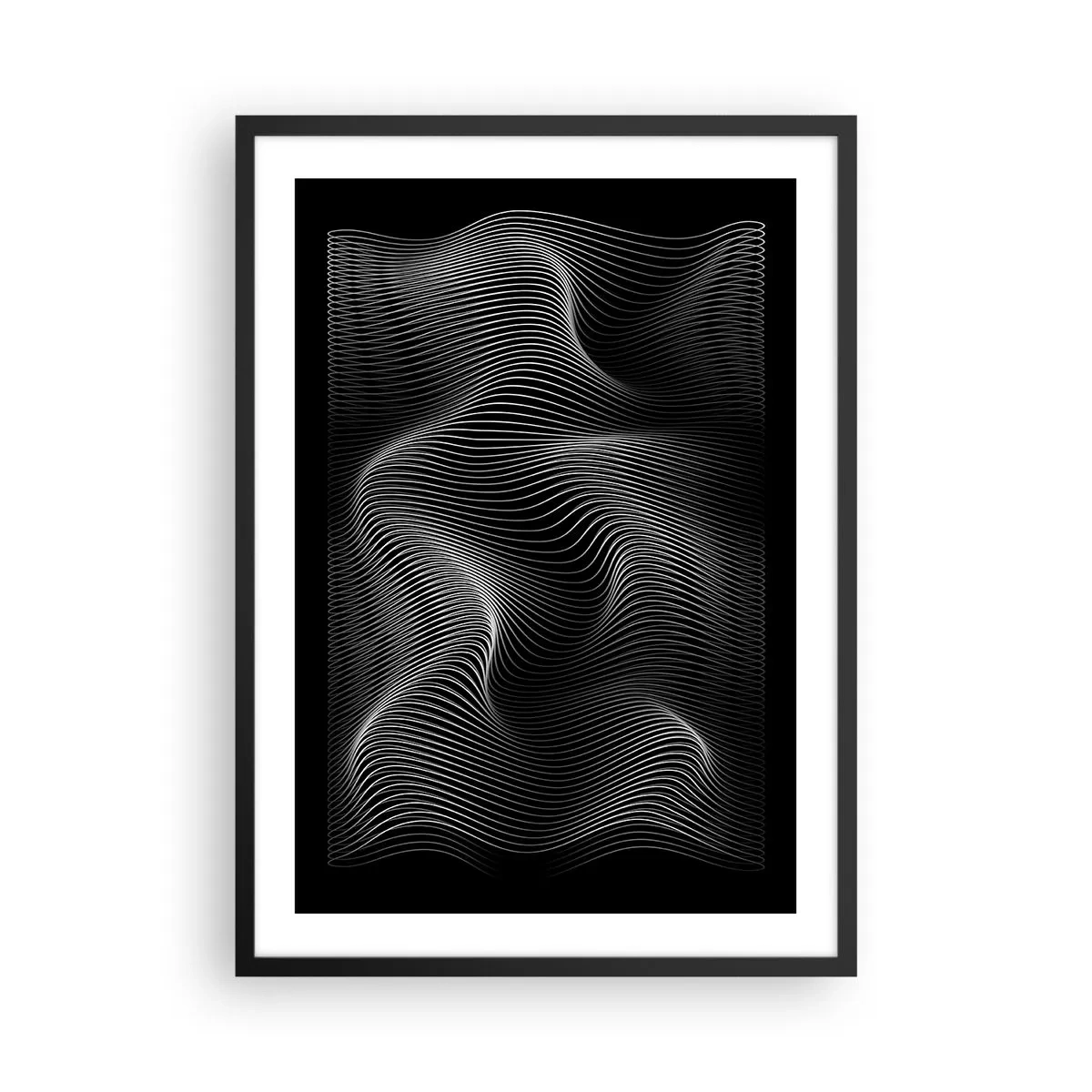 Poster in black frame - Minimalist waves in black and white - 50x70cm - Dance of the Light in Space - Modern wall decoration for the living room and bedroom ARTTOR