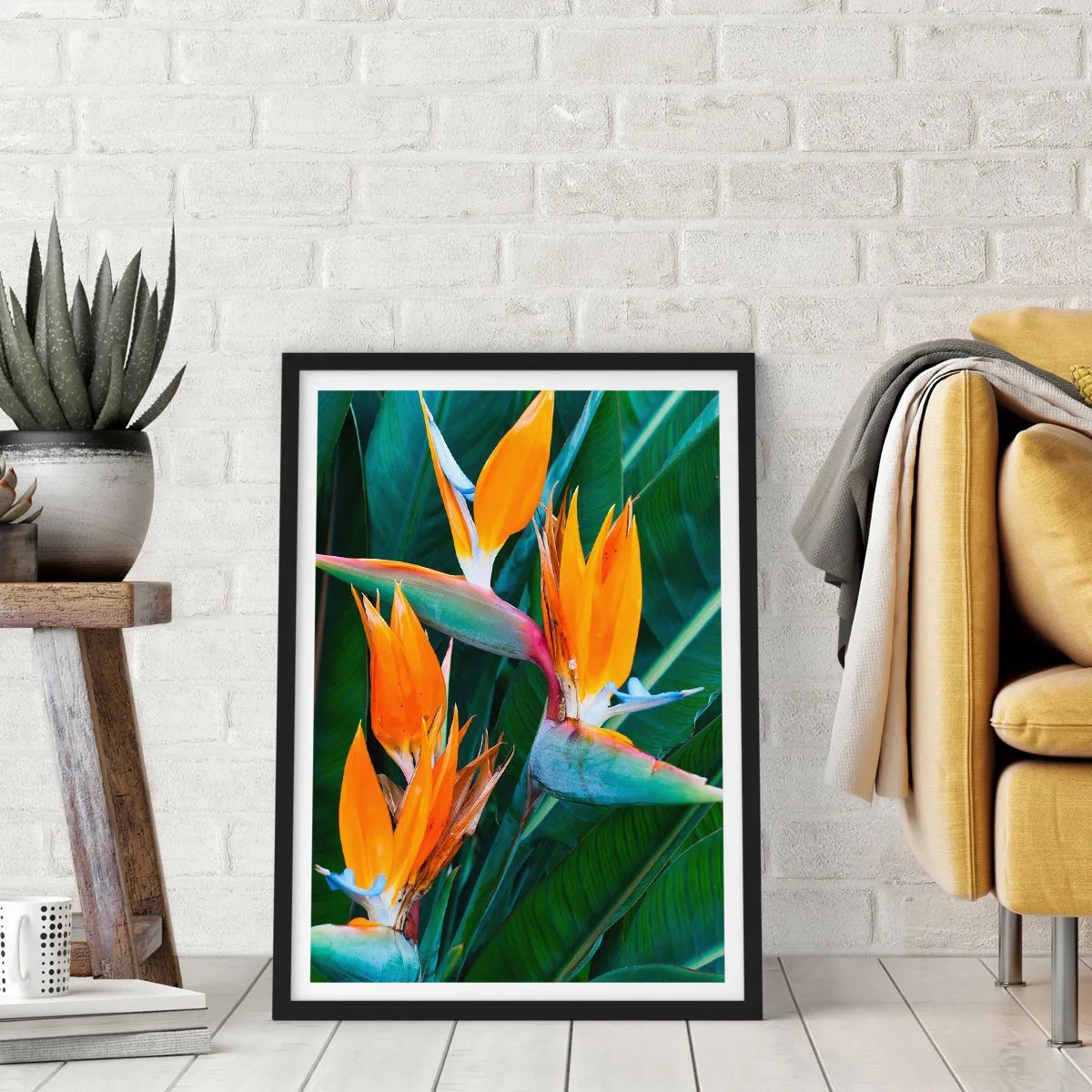 Poster in black frame - Strelitzia flowers surrounded by green leaves - 50x70cm - Is It a Flower or a Bird? - Modern wall decoration for the living room and bedroom ARTTOR
