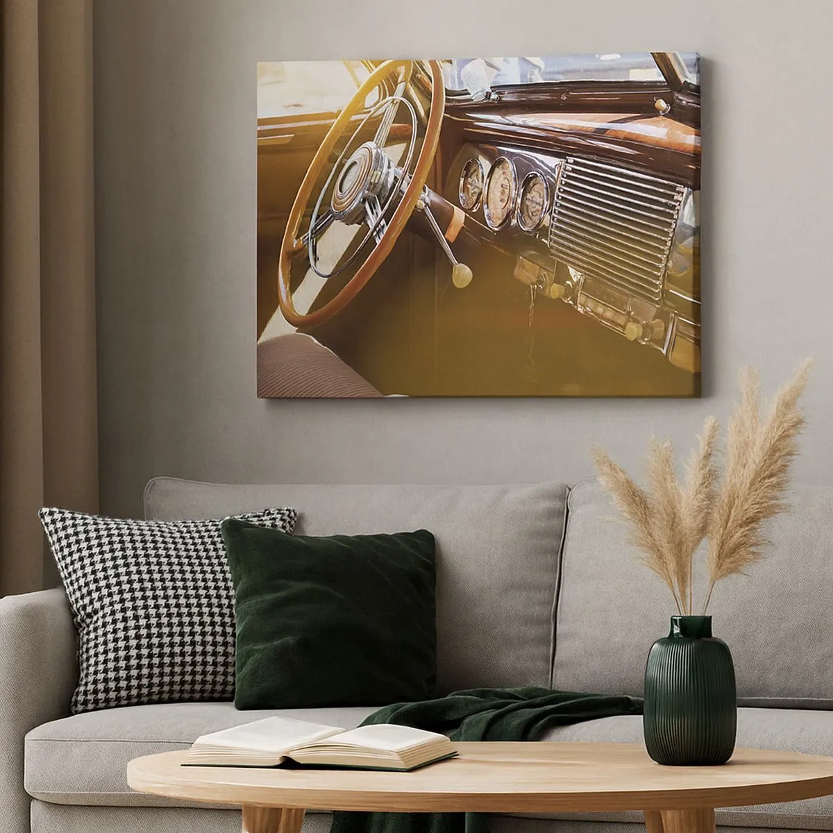 Canvas picture - Close-up of a classic car interior with wood and chrome details. - 70x50cm - Breath of Luxury form the Past - Modern wall decoration for the living room and bedroom ARTTOR