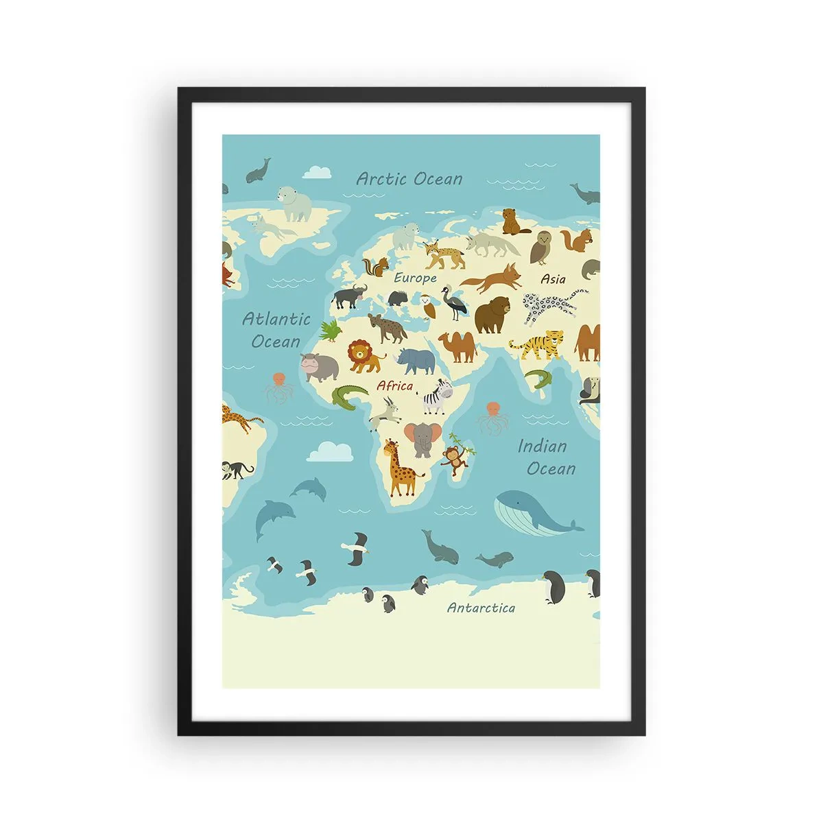 Poster in black frame - A world map with illustrations of animals in different regions - 50x70cm - Good Neighbours - Modern wall decoration for the living room and bedroom ARTTOR