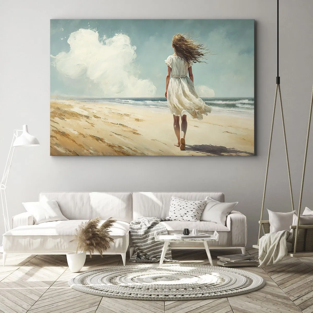 Canvas picture - A woman in a white dress walking on the beach on a sunny day - 70x50cm - Meeting the Sun aand the Wind - Modern wall decoration for the living room and bedroom ARTTOR