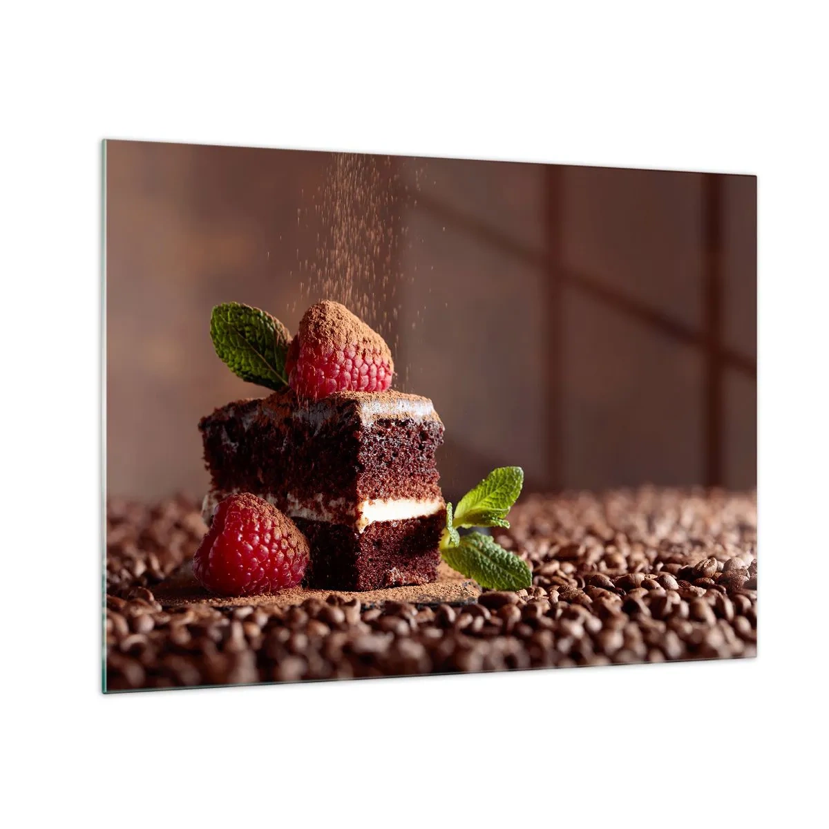 Glass picture - Chocolate dessert with raspberries and mint leaves - 70x50cm - Life Is Sweet - Modern wall decoration for the living room and bedroom ARTTOR