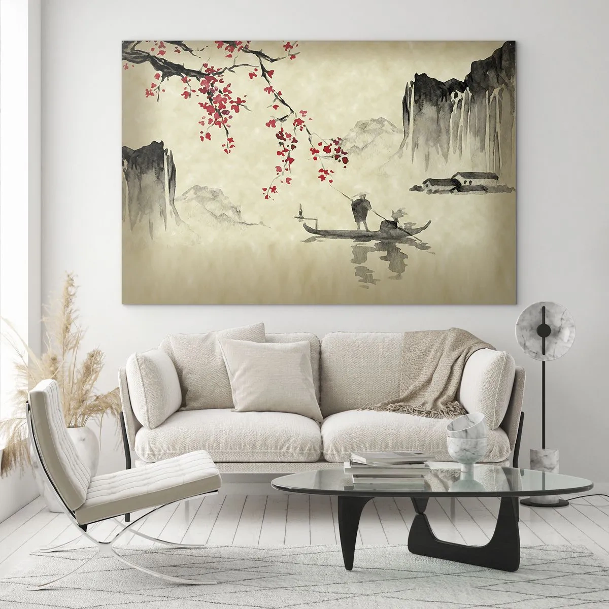 Glass picture - Oriental fishing scene with cherry blossom branch and mountains - 70x50cm - In Cherry Blossom Country - Modern wall decoration for the living room and bedroom ARTTOR