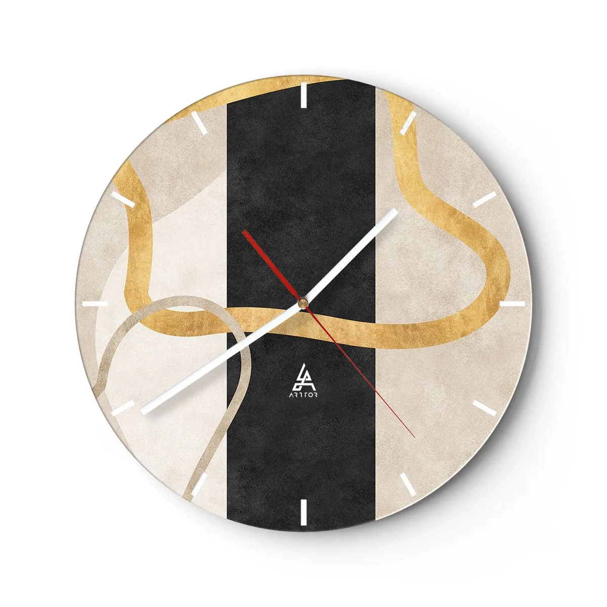 Wall clock - Clock on glass - Golden lines against a black stripe and beige shapes - 30x30cm - Shapes in Loops - Modern wall decoration for the living room, kitchen, and bedroom ARTTOR