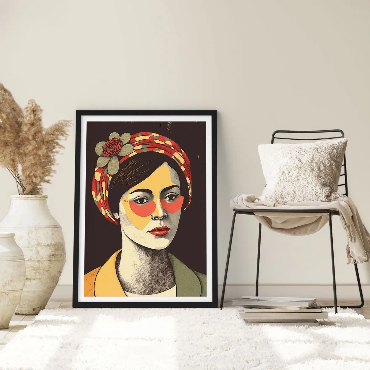 Poster in black frame - Stylized portrait of a woman in a turban with a floral accent - 50x70cm - Coral Lady - Modern wall decoration for the living room and bedroom ARTTOR