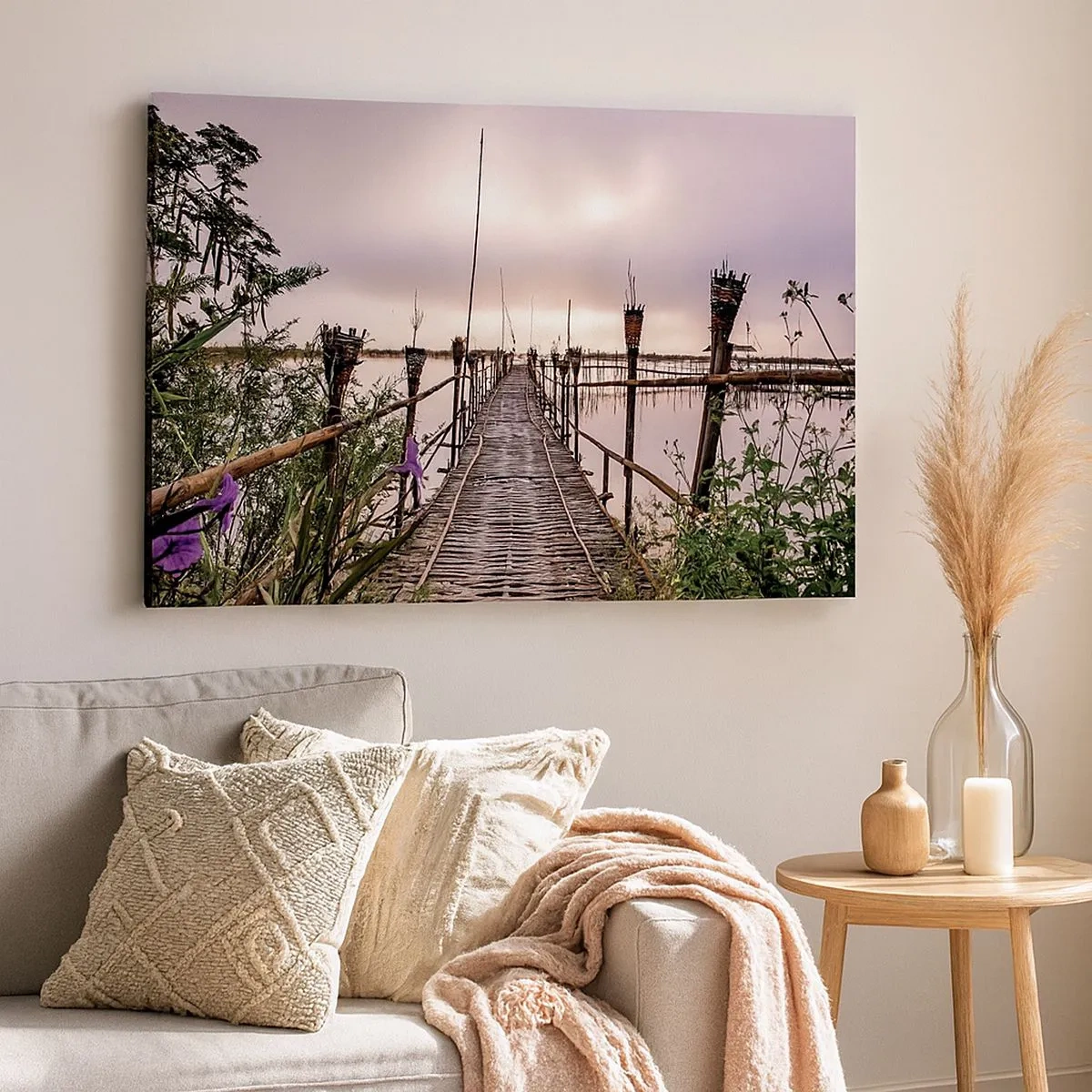 Canvas picture - Bamboo bridge over the water at dawn - 70x50cm - Peace and Quiet of Asia - Modern wall decoration for the living room and bedroom ARTTOR