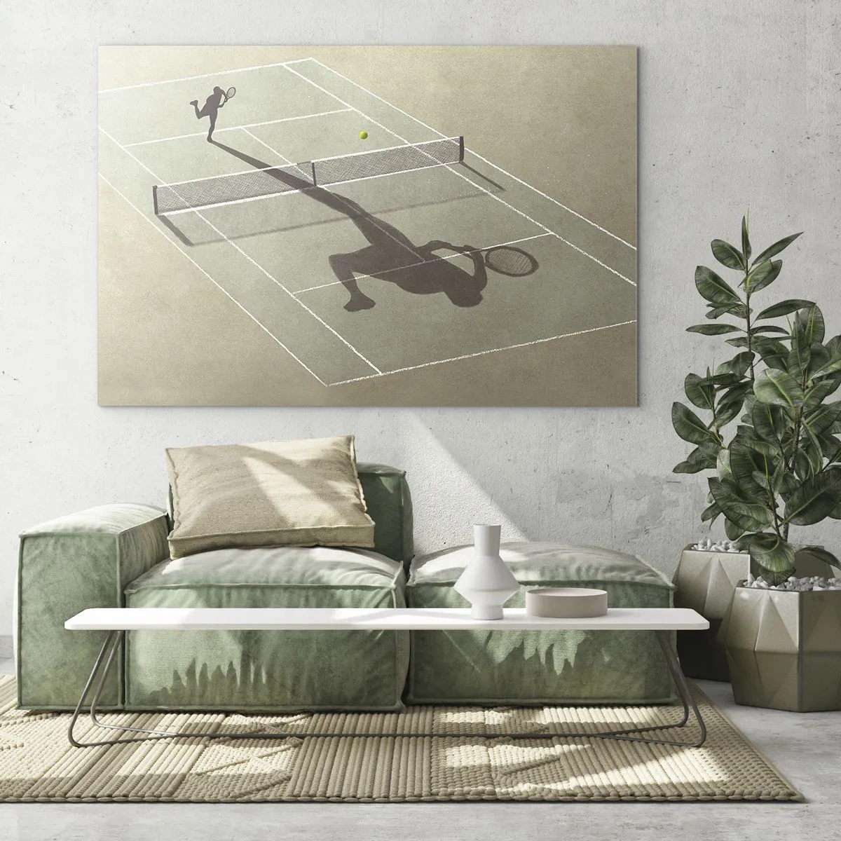Glass picture - The figure of a tennis player and his shadow on the court during a serve - 70x50cm - Overcoming Yourself - Modern wall decoration for the living room and bedroom ARTTOR