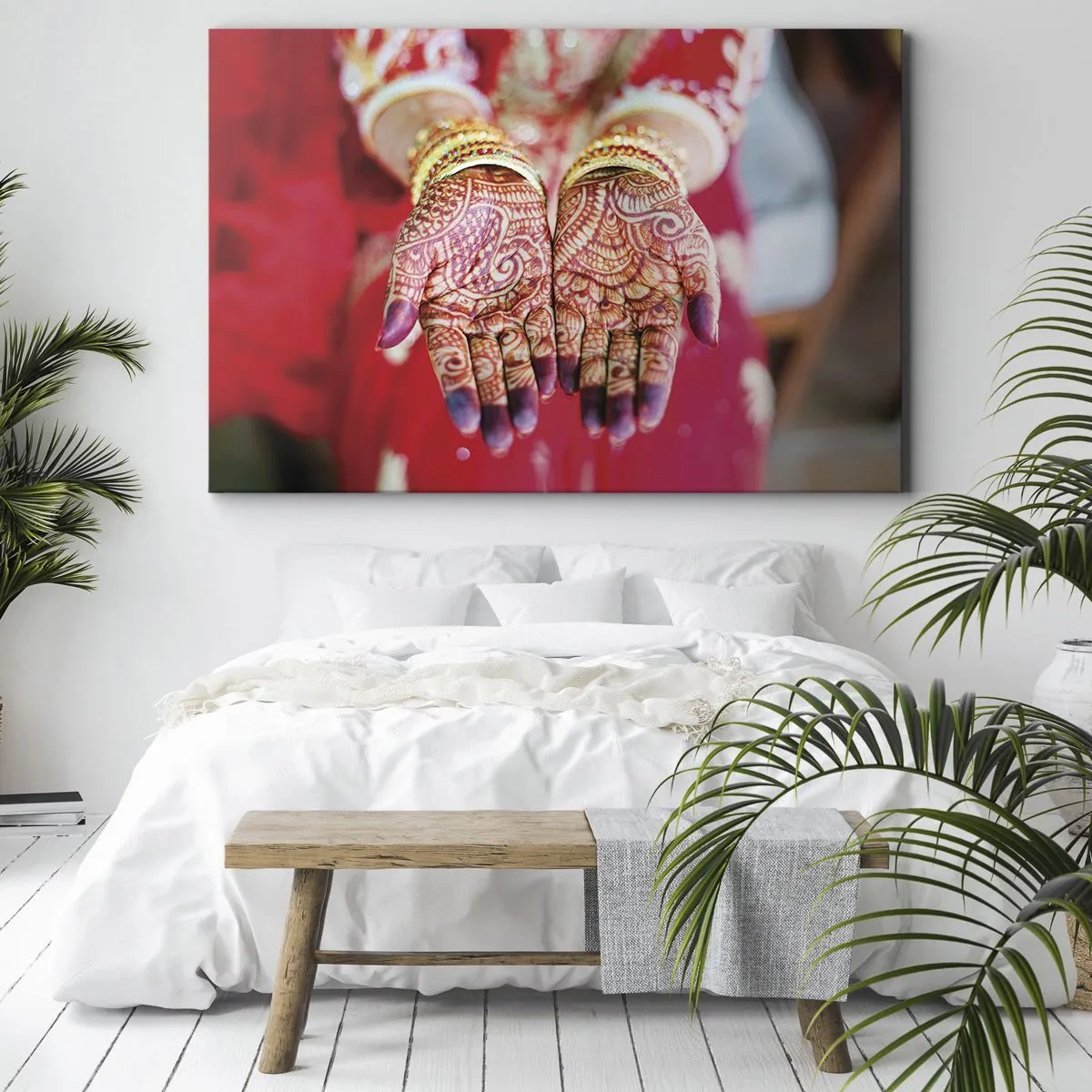 Canvas picture - Hands decorated with henna against the background of a red dress - 70x50cm - Readt to Catch Happiness - Modern wall decoration for the living room and bedroom ARTTOR