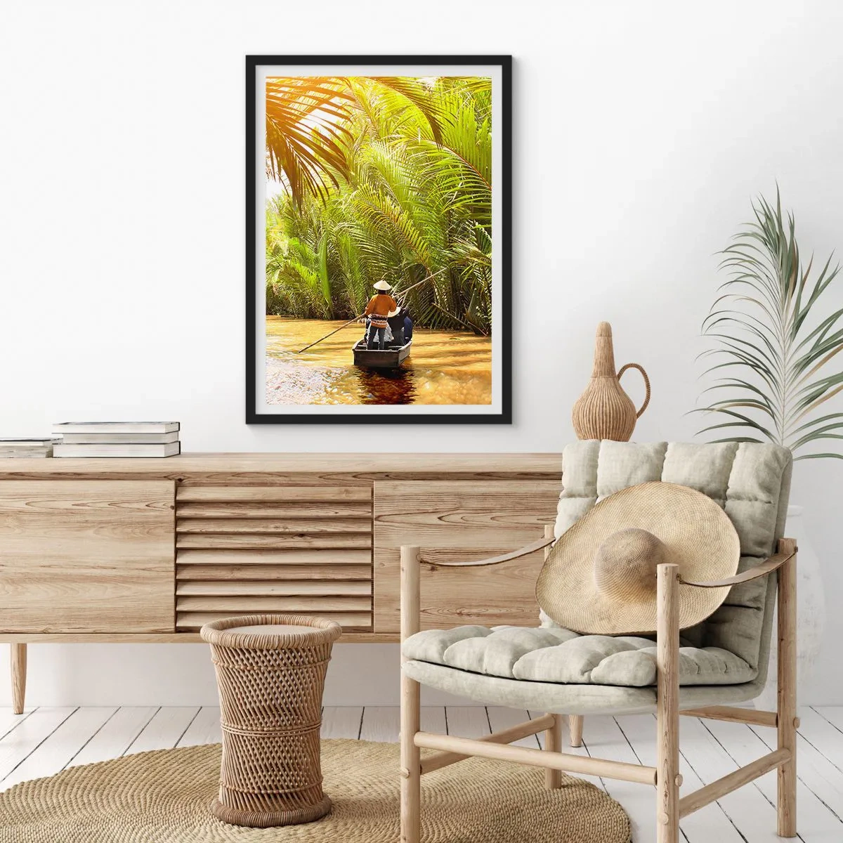 Poster in black frame - A traditional boat in a tropical palm forest lit by the sun - 50x70cm - Through a Palm Ravine - Modern wall decoration for the living room and bedroom ARTTOR