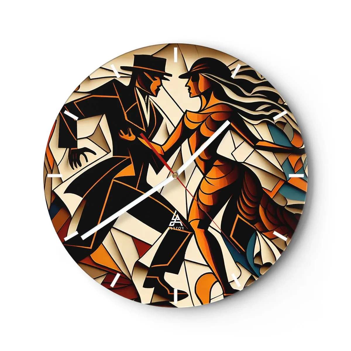 Wall clock - Clock on glass - A couple dancing in an Art Deco style with warm tones - 30x30cm - Dance of Passion - Modern wall decoration for the living room, kitchen, and bedroom ARTTOR