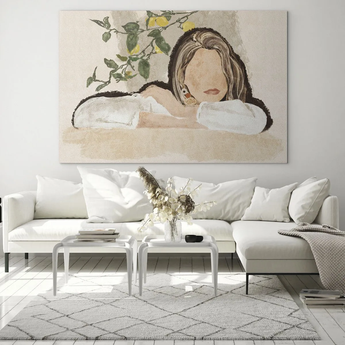 Glass picture - A woman leaning on a table among the branches of a lemon tree, her face featureless. - 70x50cm - Beauty of the South - Modern wall decoration for the living room and bedroom ARTTOR