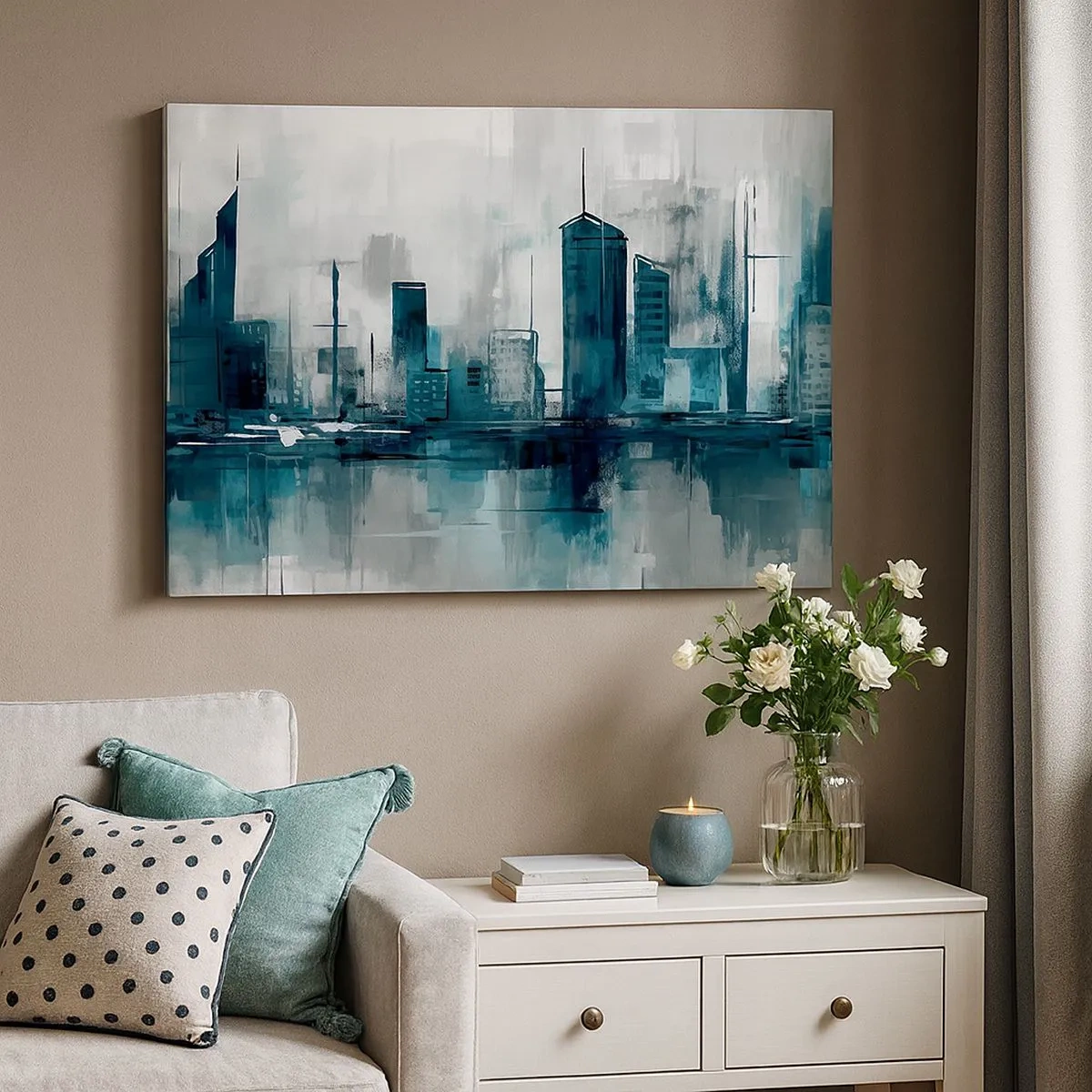 Canvas picture - A modern city in shades of turquoise and gray - 70x50cm - City in the Colour of Rain - Modern wall decoration for the living room and bedroom ARTTOR