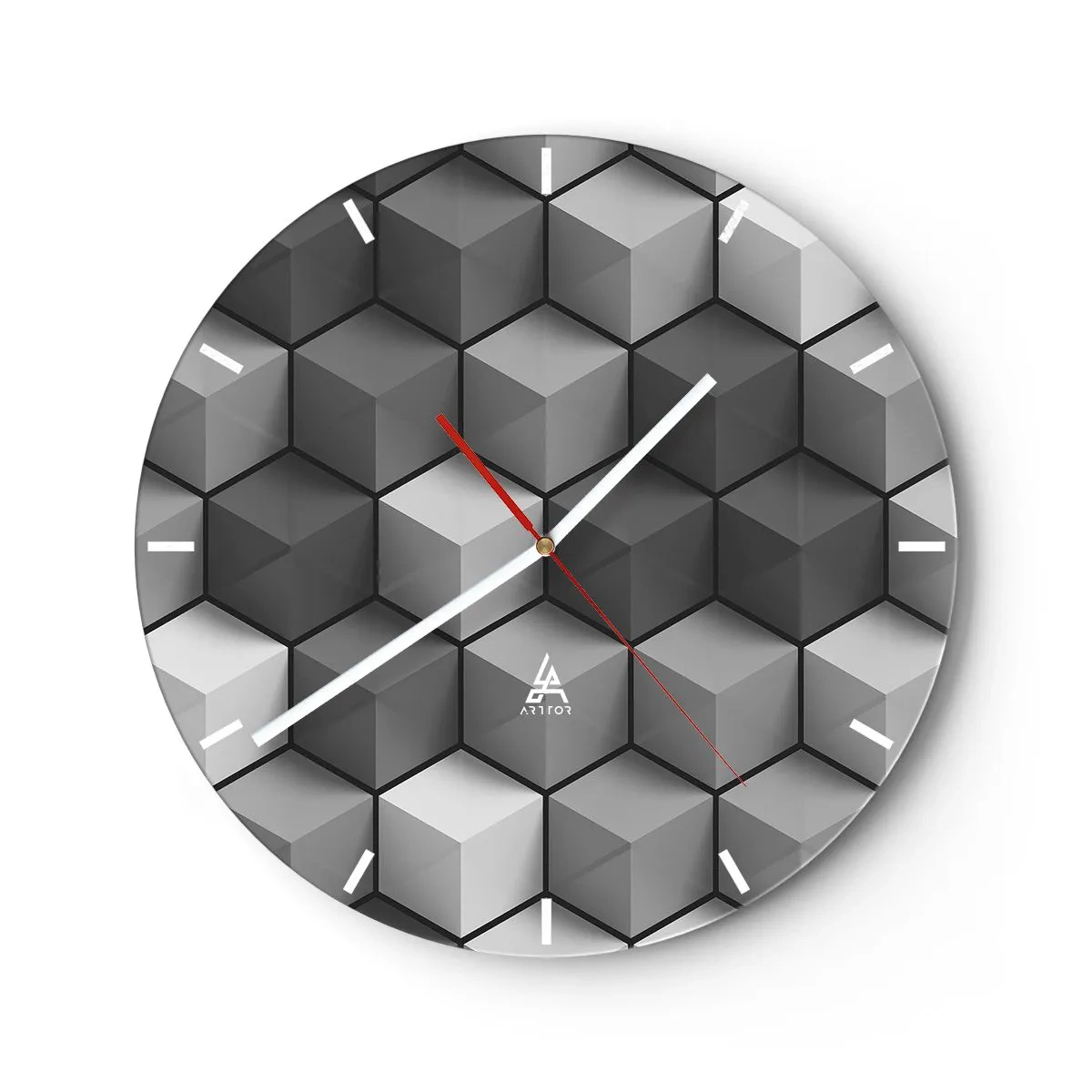 Wall clock - Clock on glass - 3D cubic figures in a geometric arrangement - 30x30cm - Cubist Jigsaw - Modern wall decoration for the living room, kitchen, and bedroom ARTTOR