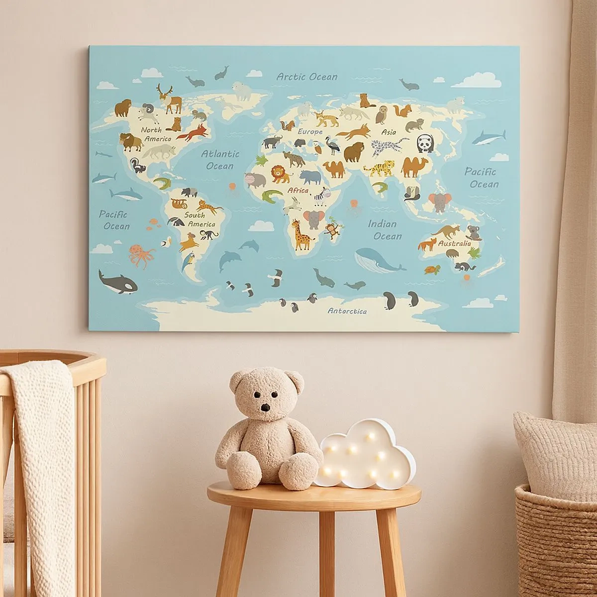 Canvas picture - World map with animal illustrations - 70x50cm - Good Neighbours - Modern wall decoration for the living room and bedroom ARTTOR