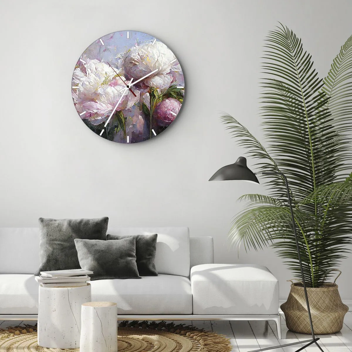 Wall clock - Clock on glass - A bouquet of white and pink flowers on a blue background - 30x30cm - Bouquet Bubbling with Life - Modern wall decoration for the living room, kitchen, and bedroom ARTTOR