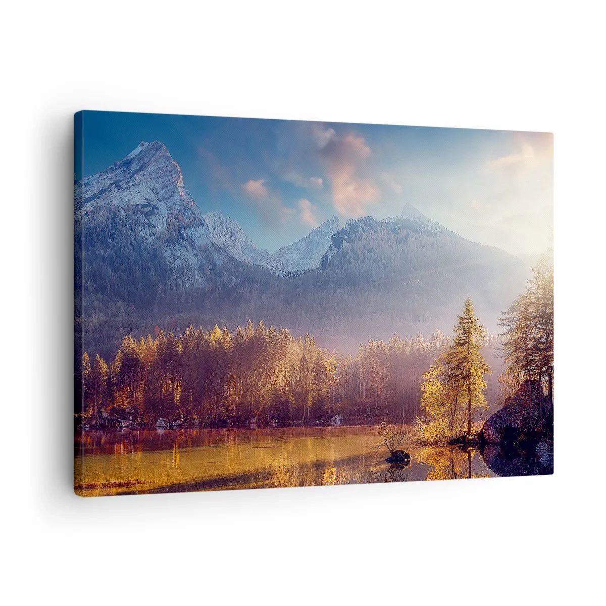 Canvas picture - Picturesque view of the mountain forest and lake at dawn - 70x50cm - In the Mountains and Valleys - Modern wall decoration for the living room and bedroom ARTTOR