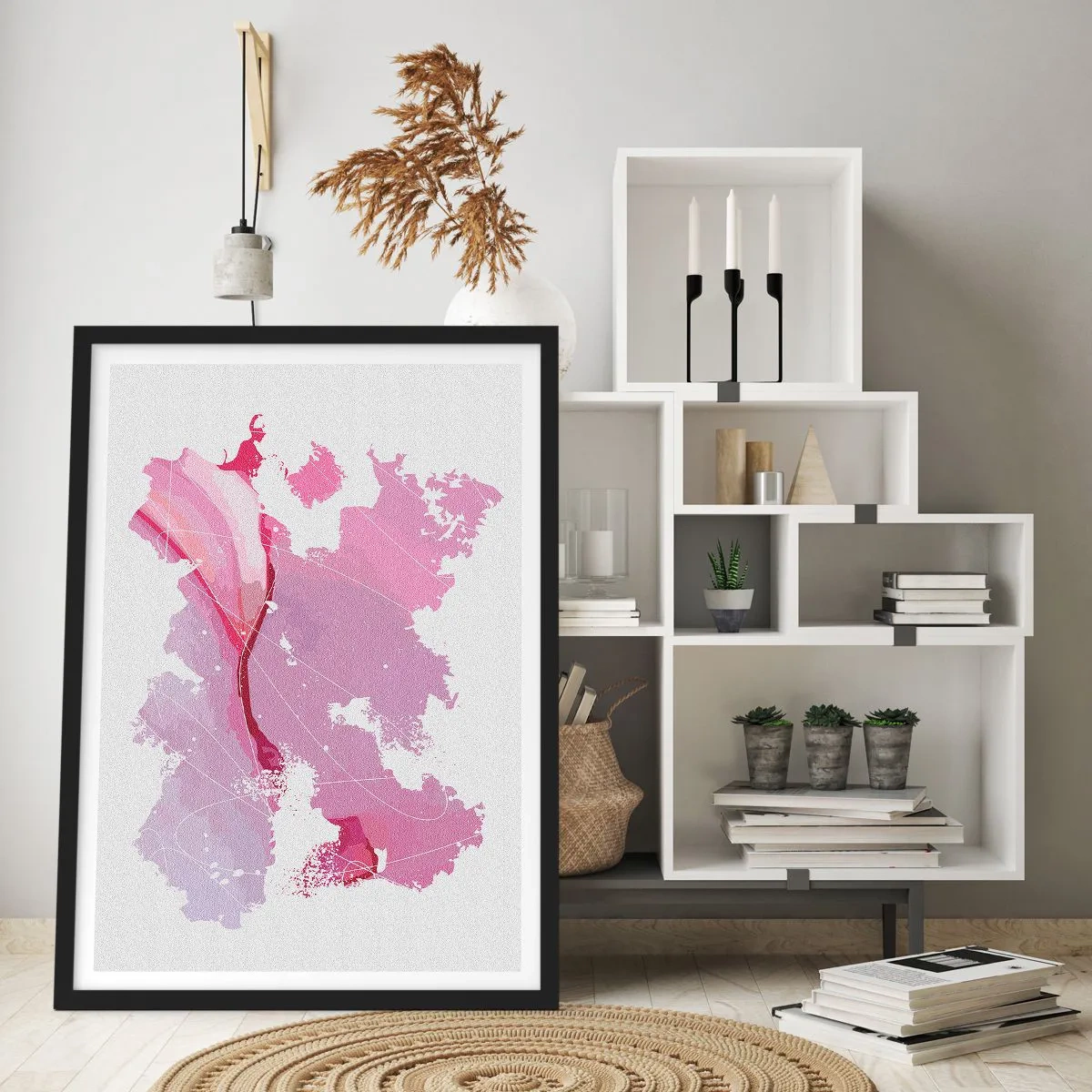 Poster in black frame - Abstract map in shades of pink and purple - 50x70cm - Map of a Pink World - Modern wall decoration for the living room and bedroom ARTTOR