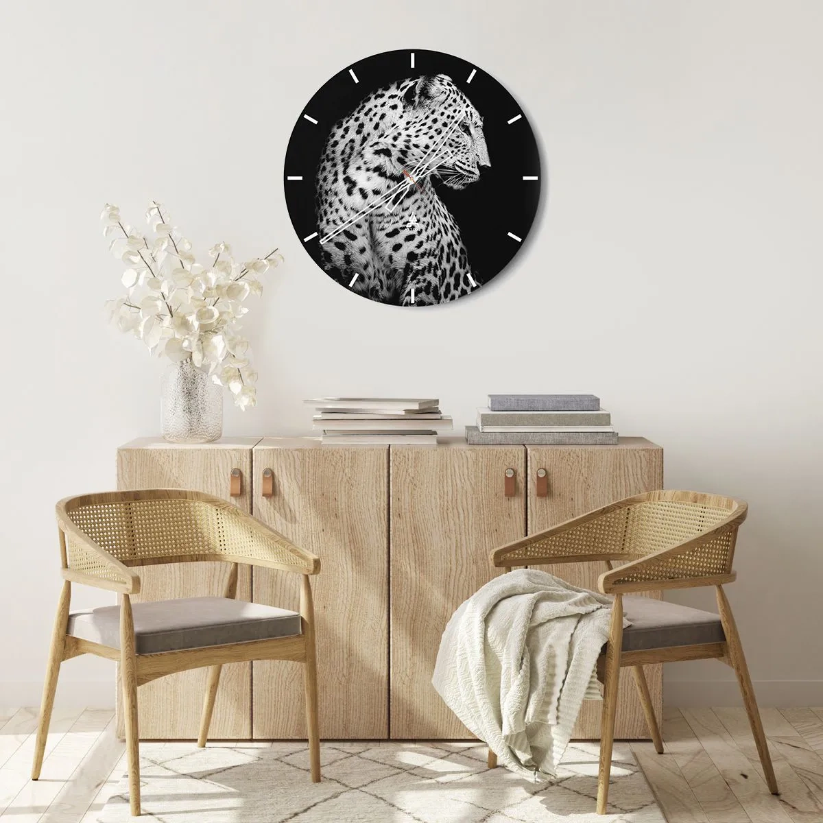 Wall clock - Clock on glass - Black and white portrait of a leopard on a black background - 30x30cm - A Perfect Right Profile - Modern wall decoration for the living room, kitchen, and bedroom ARTTOR
