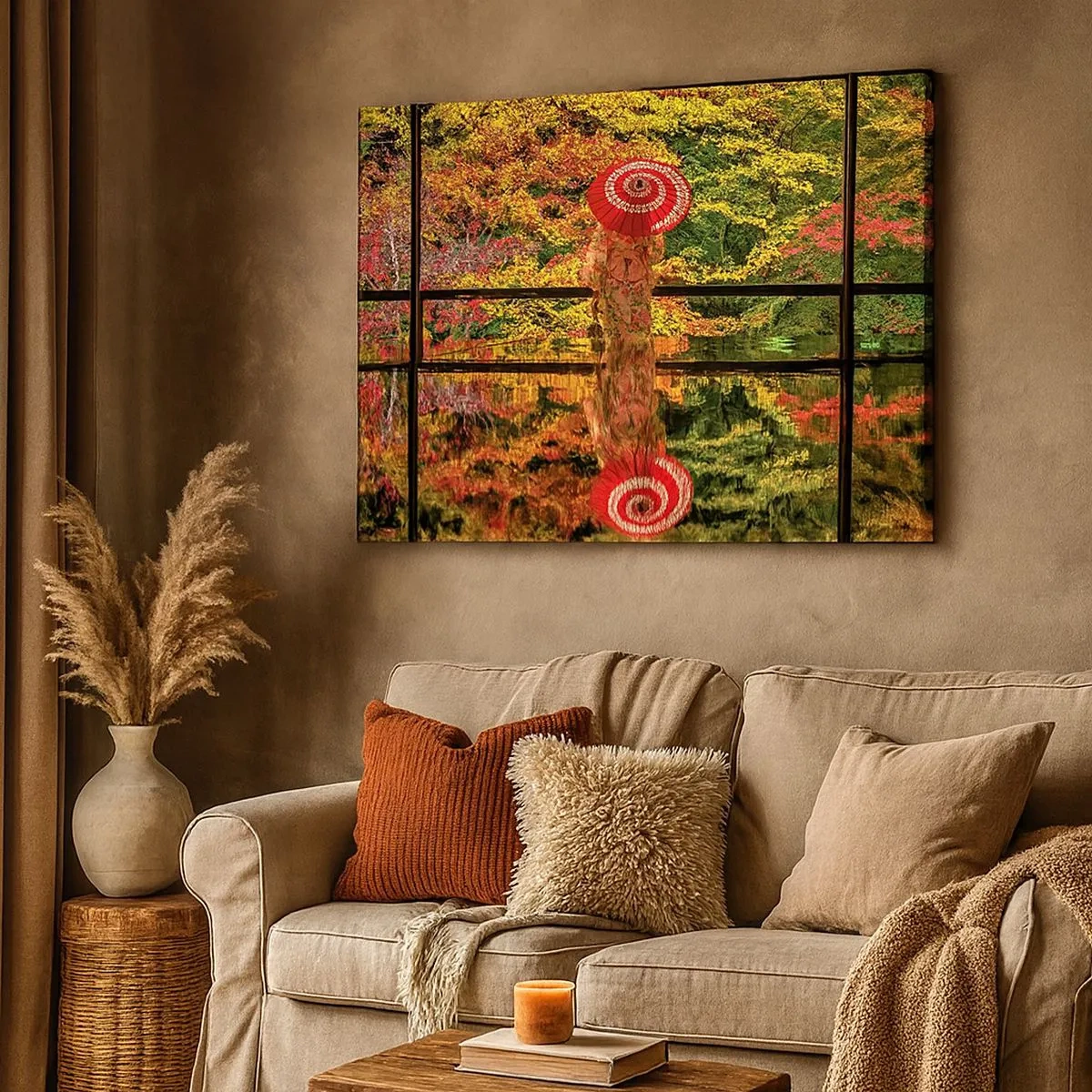 Canvas picture - A woman in a kimono with an umbrella against the backdrop of an autumn landscape. - 70x50cm - In a Temple of Nature - Modern wall decoration for the living room and bedroom ARTTOR