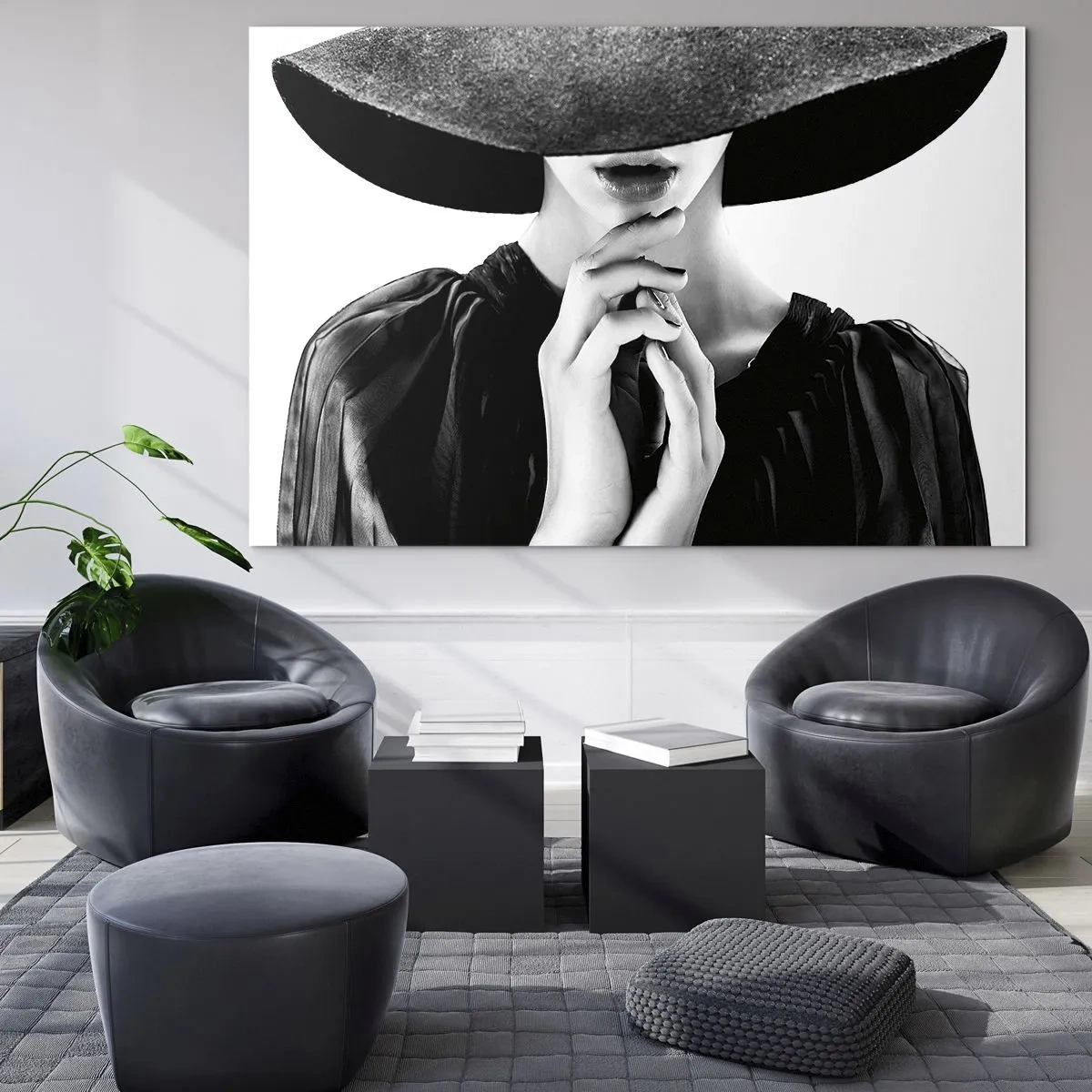 Glass picture - Stylish woman in black with a hat covering her face - 70x50cm - Hidden Beauty - Modern wall decoration for the living room and bedroom ARTTOR