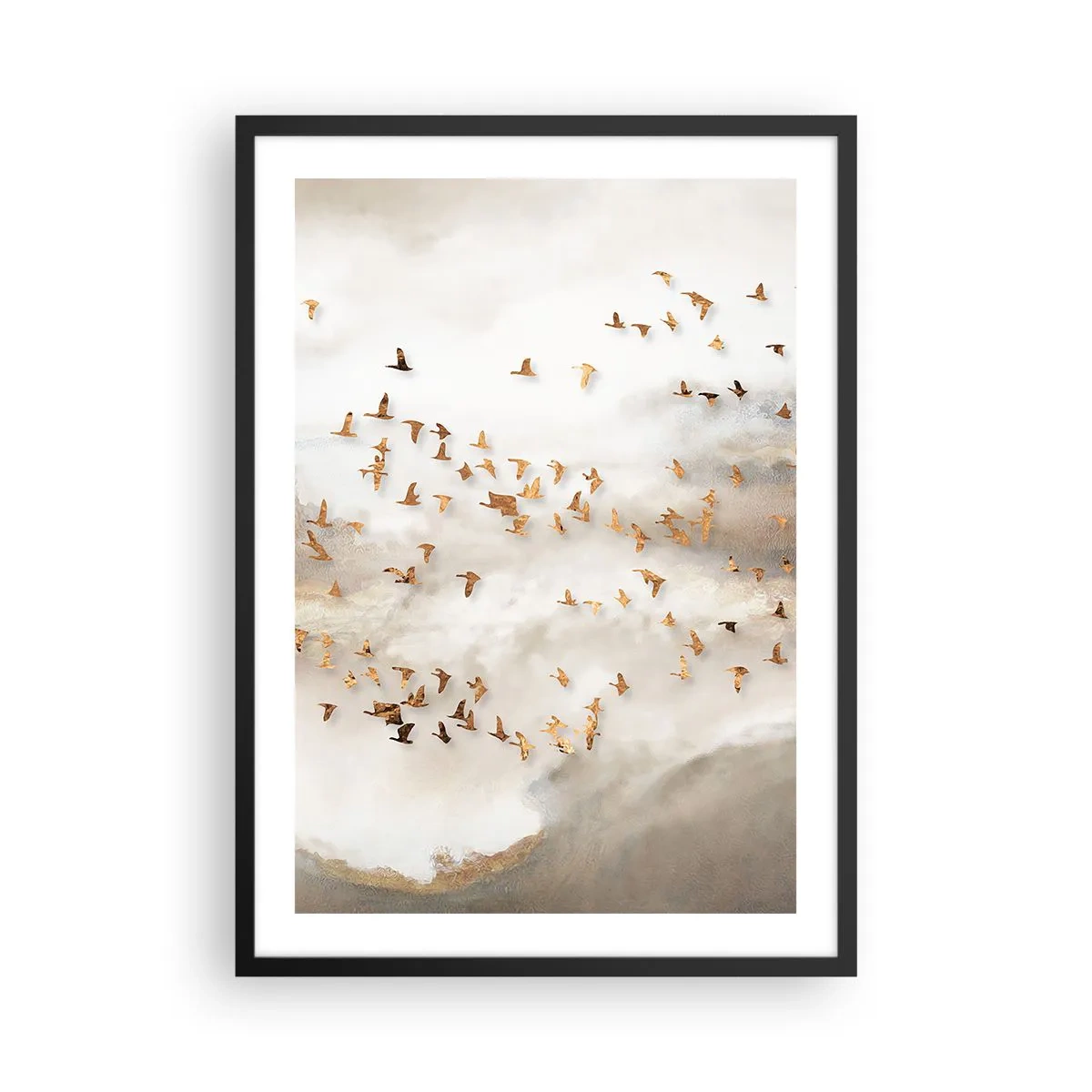 Poster in black frame - A flock of birds floating among the misty clouds - 50x70cm - It Is Time - Modern wall decoration for the living room and bedroom ARTTOR