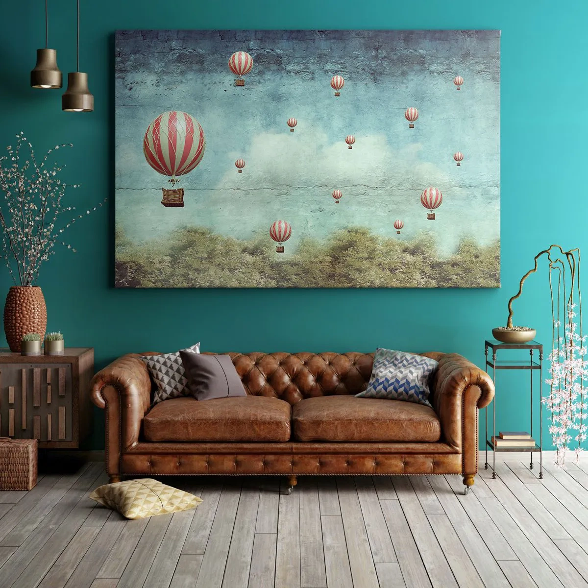 Canvas picture - Retro balloons against a blue sky and greenery background - 70x50cm - Free from Noise of Life - Modern wall decoration for the living room and bedroom ARTTOR