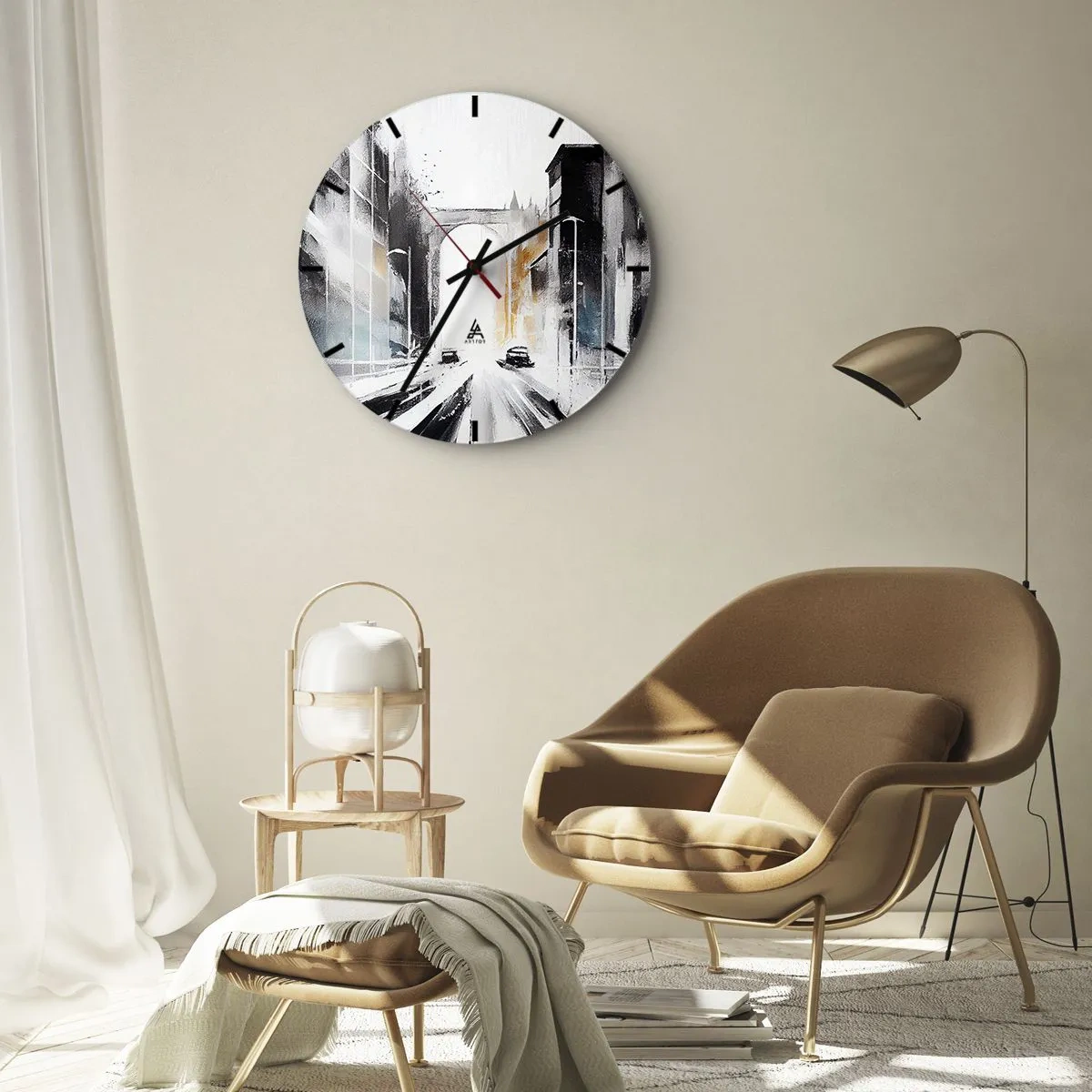 Wall clock - Clock on glass - painterly vision of a city street with cars and buildings - 30x30cm - Study of a City: Architecture and Movement - Modern wall decoration for the living room, kitchen, and bedroom ARTTOR