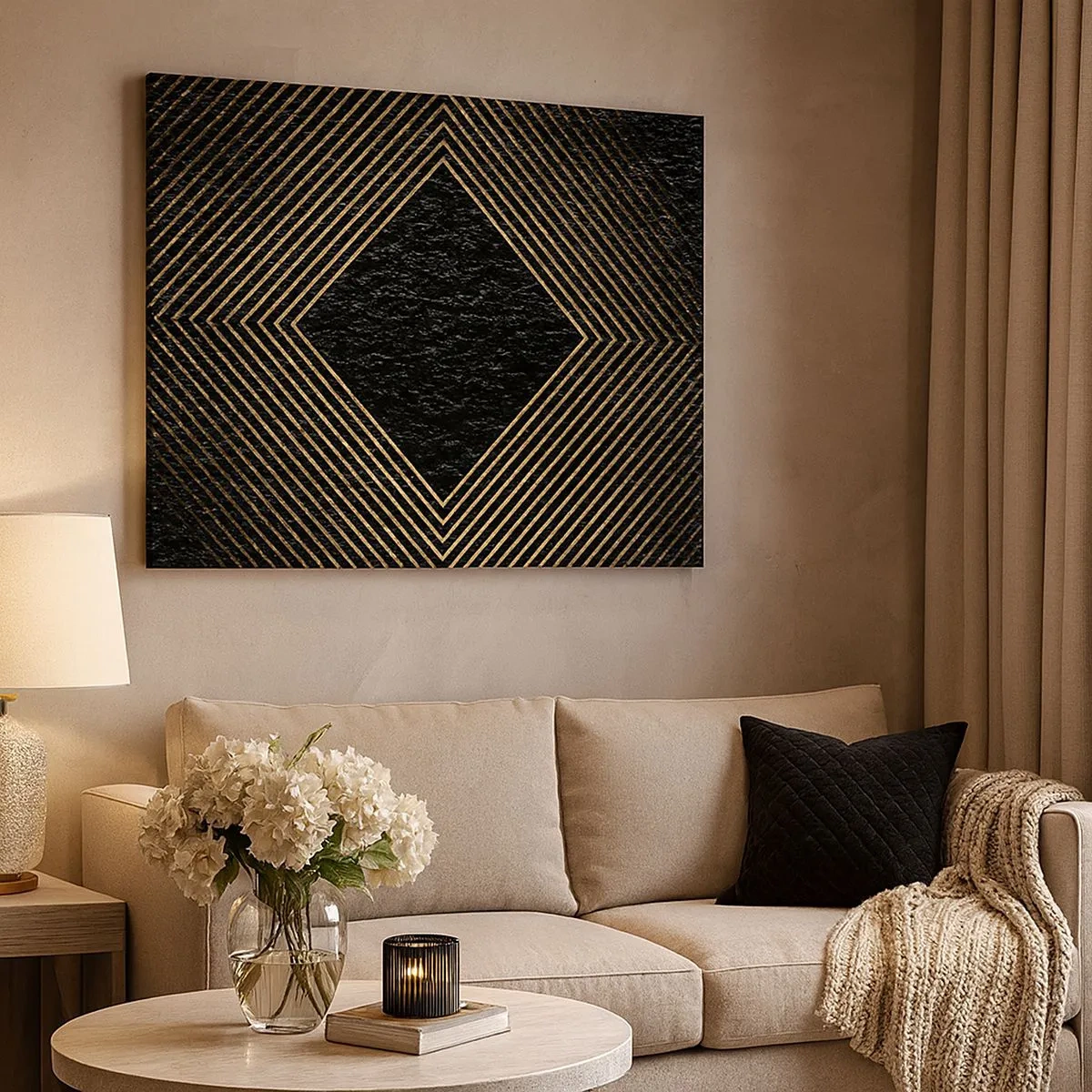 Canvas picture - Black background with a geometric pattern of golden lines - 70x50cm - Geometry Glamour Style - Modern wall decoration for the living room and bedroom ARTTOR
