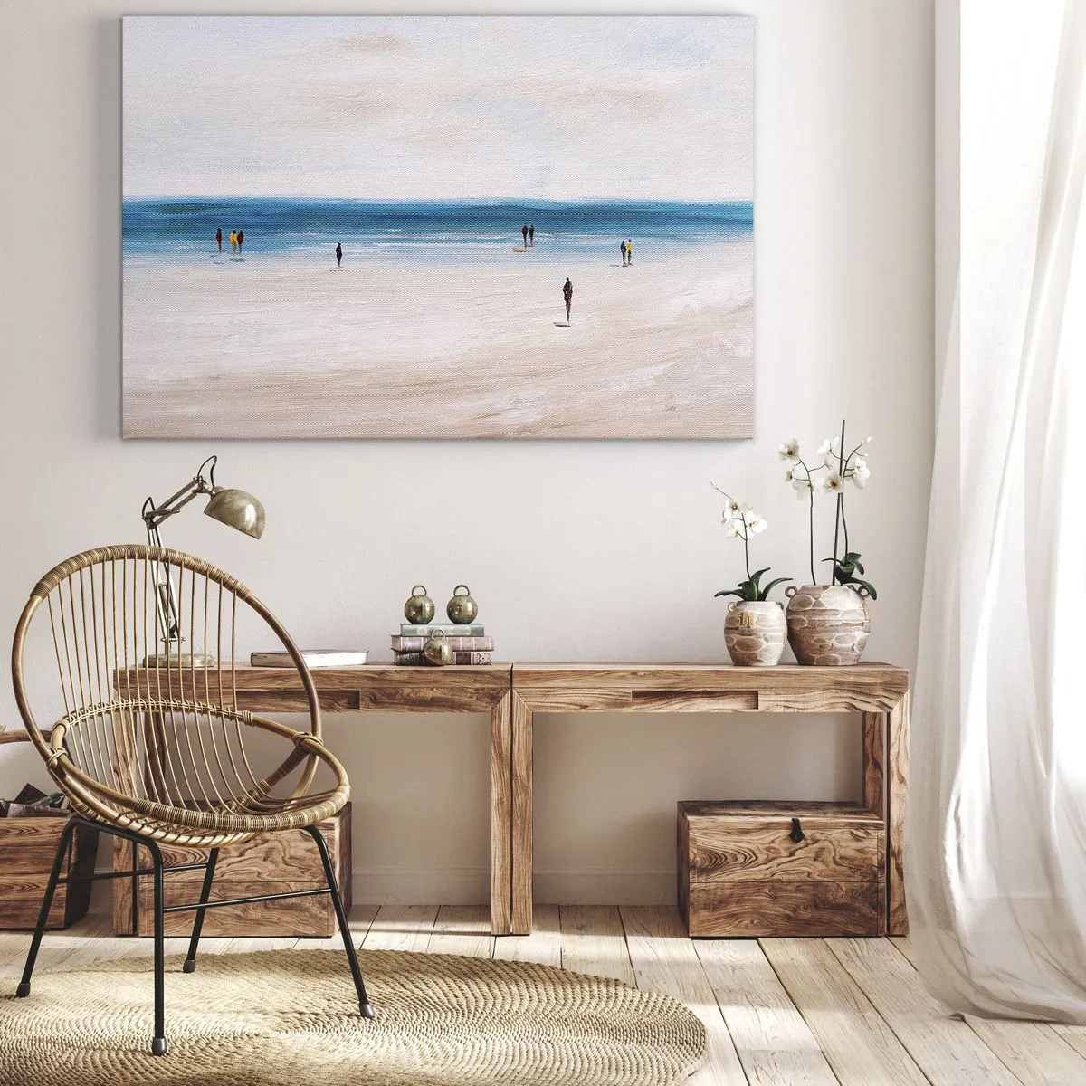 Canvas picture - A beach with people against the backdrop of a calm sea - 70x50cm - Natural Need - Modern wall decoration for the living room and bedroom ARTTOR
