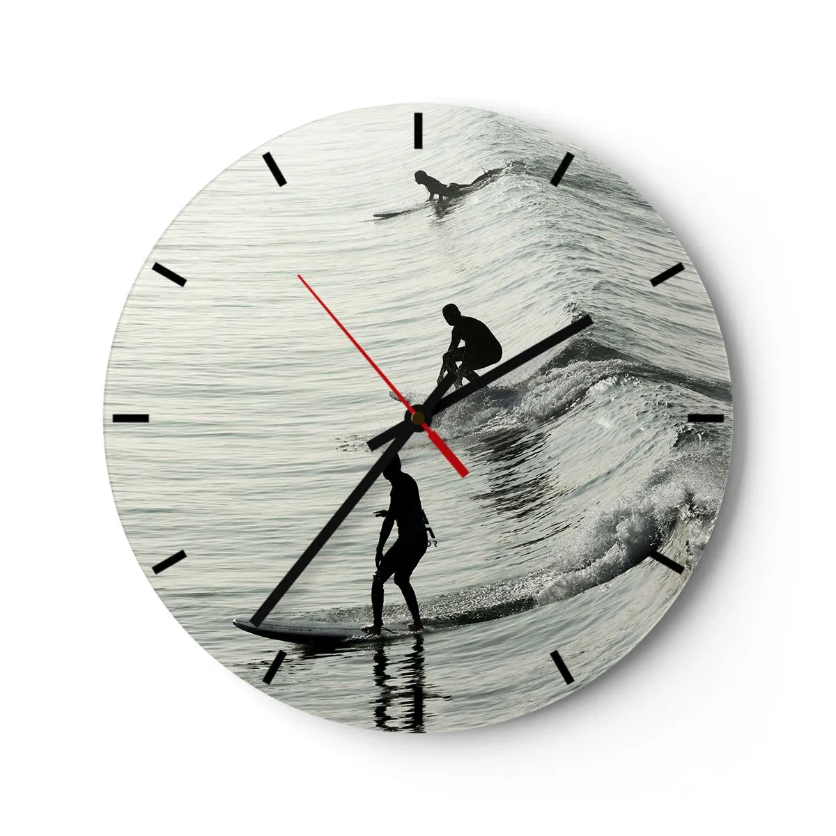 Wall clock - Clock on glass - Surfers catching morning waves on a calm sea - 30x30cm - Meeting the Wave - Modern wall decoration for the living room, kitchen, and bedroom ARTTOR