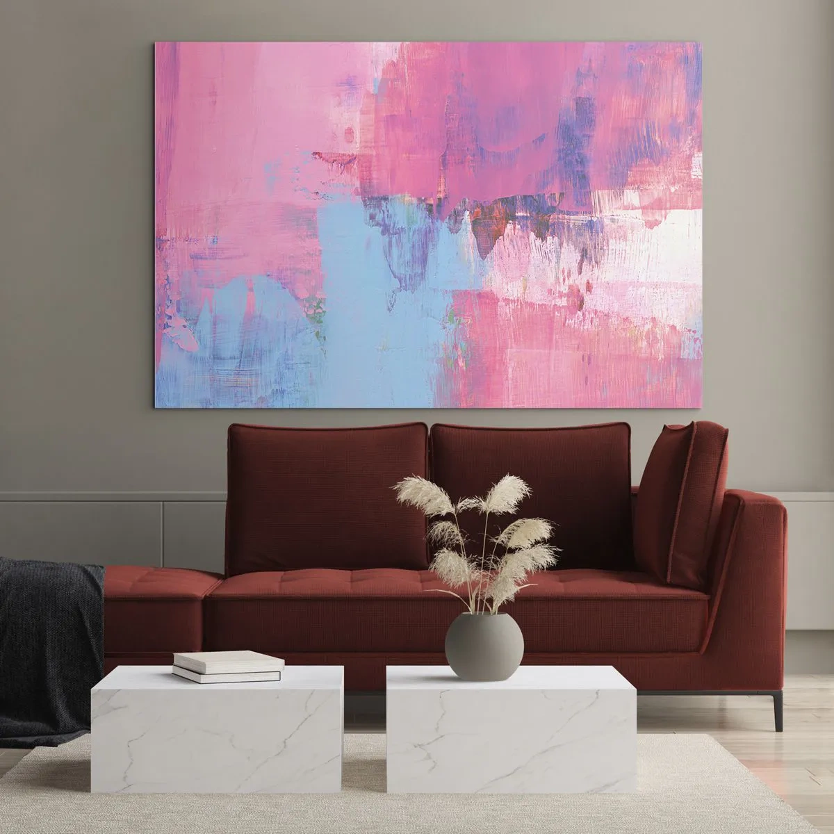Glass picture - Energetic abstraction in shades of pink and blue - 70x50cm - Pink, Blue and a Pinch of Light - Modern wall decoration for the living room and bedroom ARTTOR