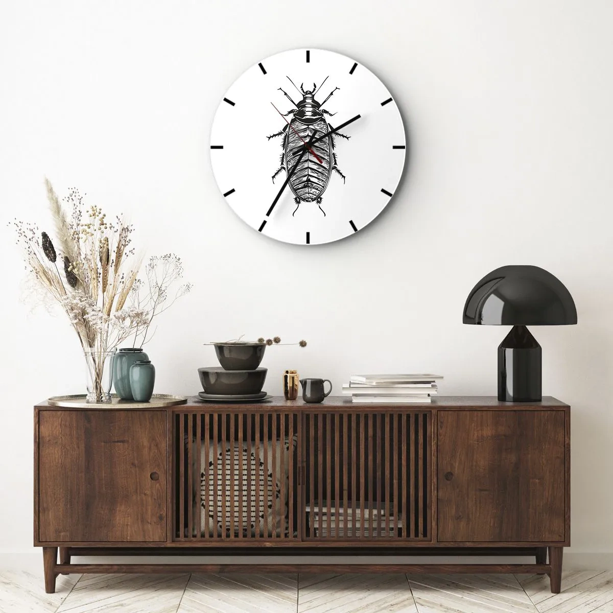 Wall clock - Clock on glass - A graphic of an insect in the style of an engraving on a white background - 30x30cm - What a Specimen - Modern wall decoration for the living room, kitchen, and bedroom ARTTOR