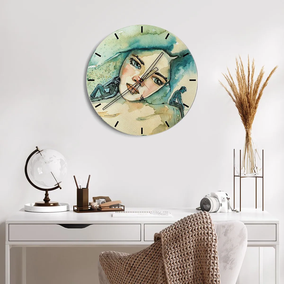 Wall clock - Clock on glass - Artistic portrait of a woman and silhouettes in shades of blue - 30x30cm - Am I Blue? - Modern wall decoration for the living room, kitchen, and bedroom ARTTOR