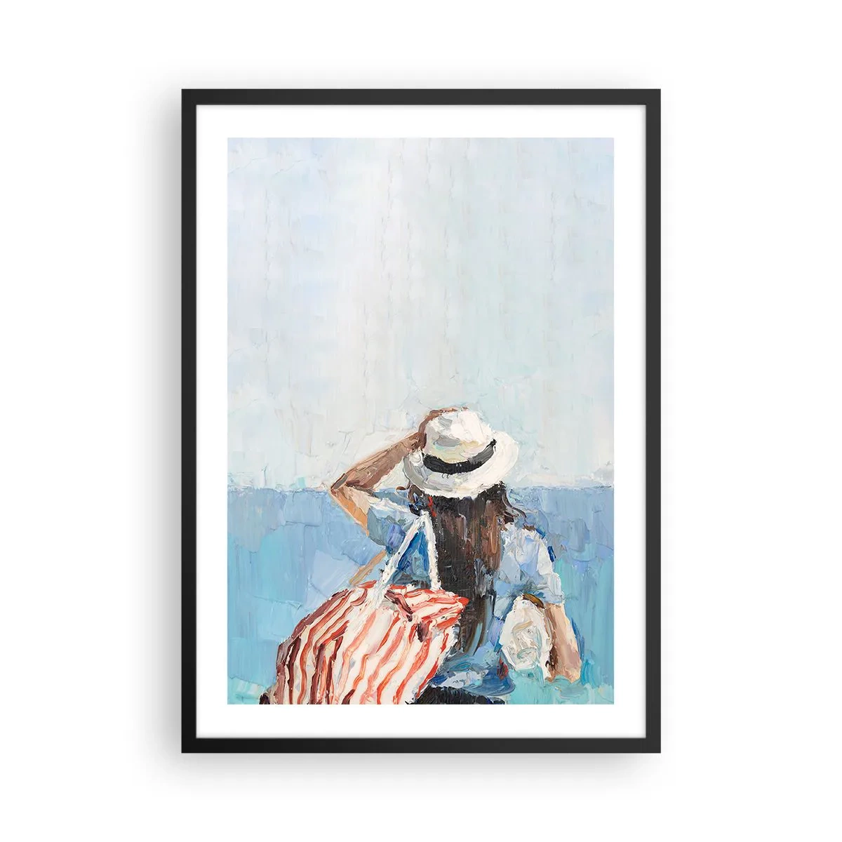 Poster in black frame - A woman in a hat looking out to sea - 50x70cm - Welcome to Holiday - Modern wall decoration for the living room and bedroom ARTTOR