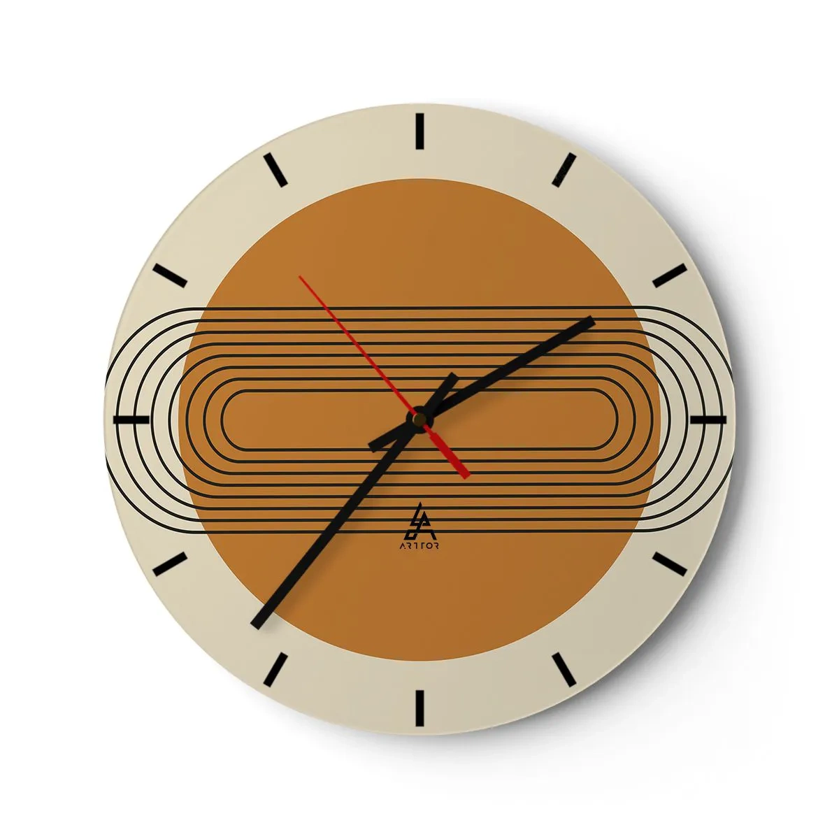 Wall clock - Clock on glass - Geometric composition in shades of beige and orange - 30x30cm - Perfect Plan - Modern wall decoration for the living room, kitchen, and bedroom ARTTOR