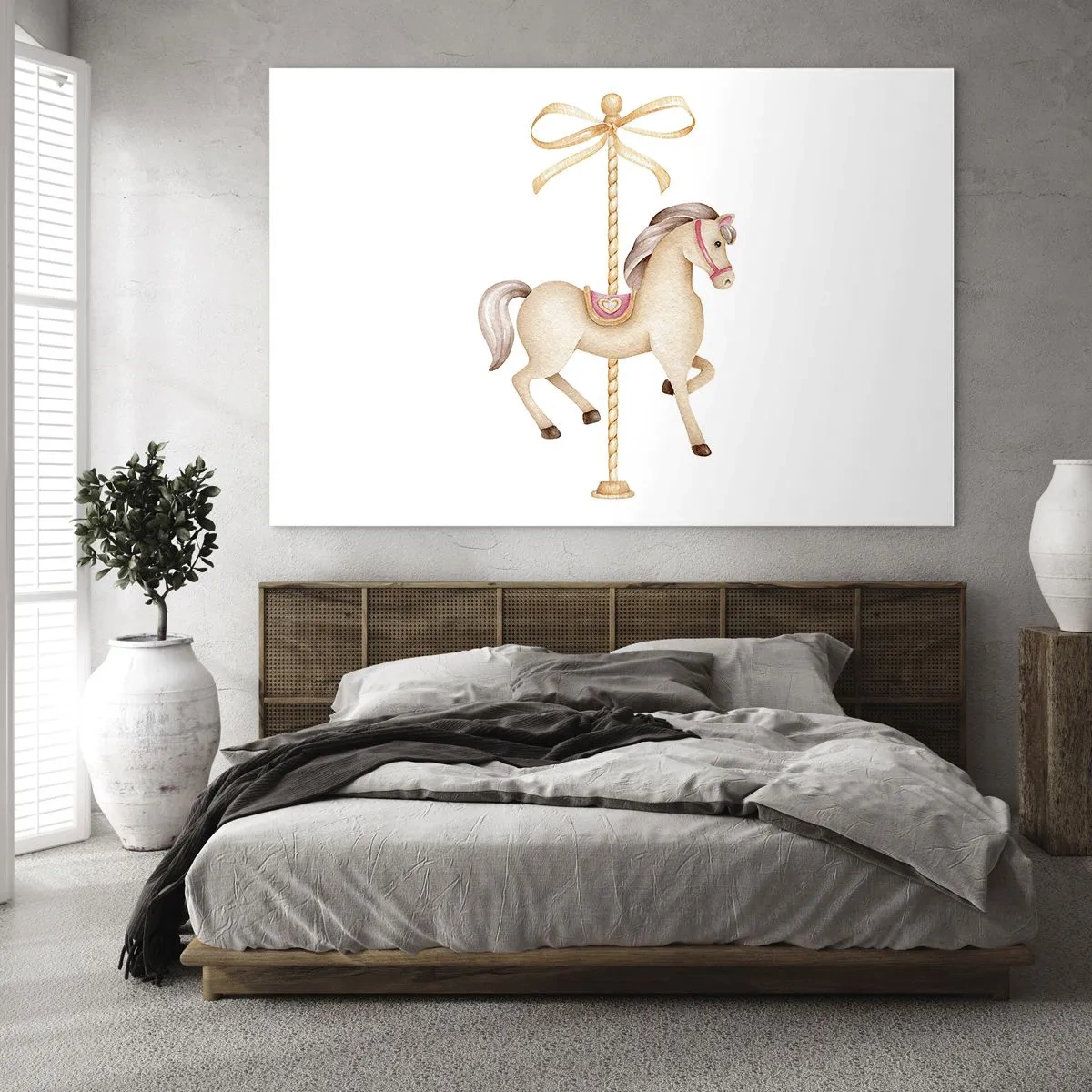 Glass picture - Beige carousel horse with a bow on a white background - 70x50cm - Graceful Trot - Modern wall decoration for the living room and bedroom ARTTOR