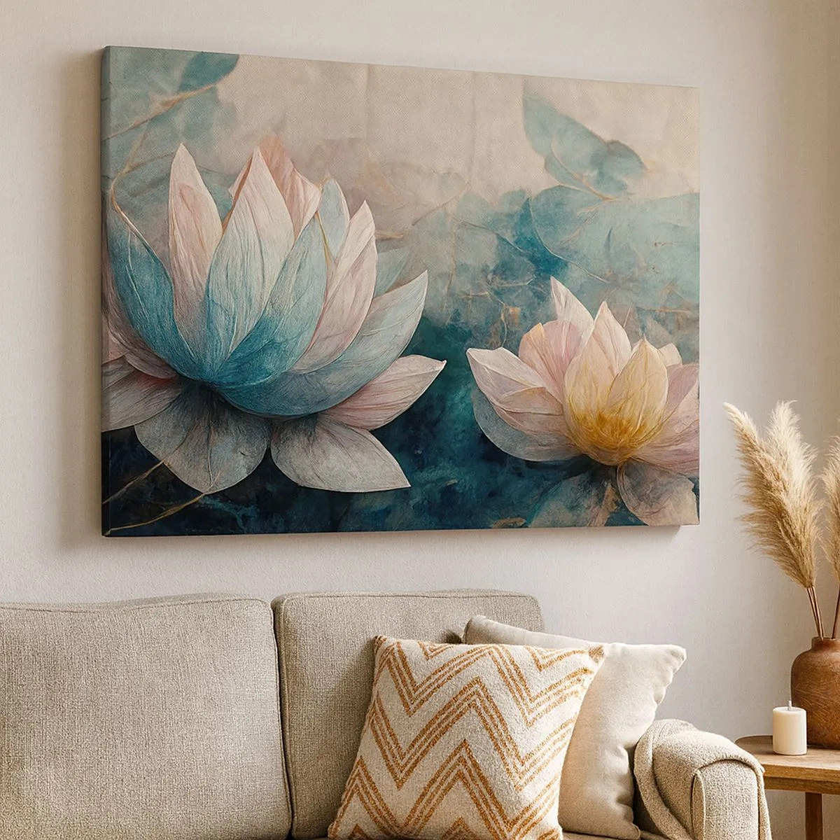 Canvas picture - Subtle water lilies in pastel shades of blue and gold - 70x50cm - Stars of the Lake - Modern wall decoration for the living room and bedroom ARTTOR