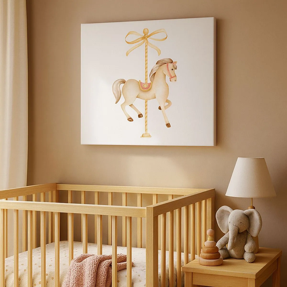 Canvas picture - A carousel horse with a bow in delicate pastels - 70x50cm - Graceful Trot - Modern wall decoration for the living room and bedroom ARTTOR